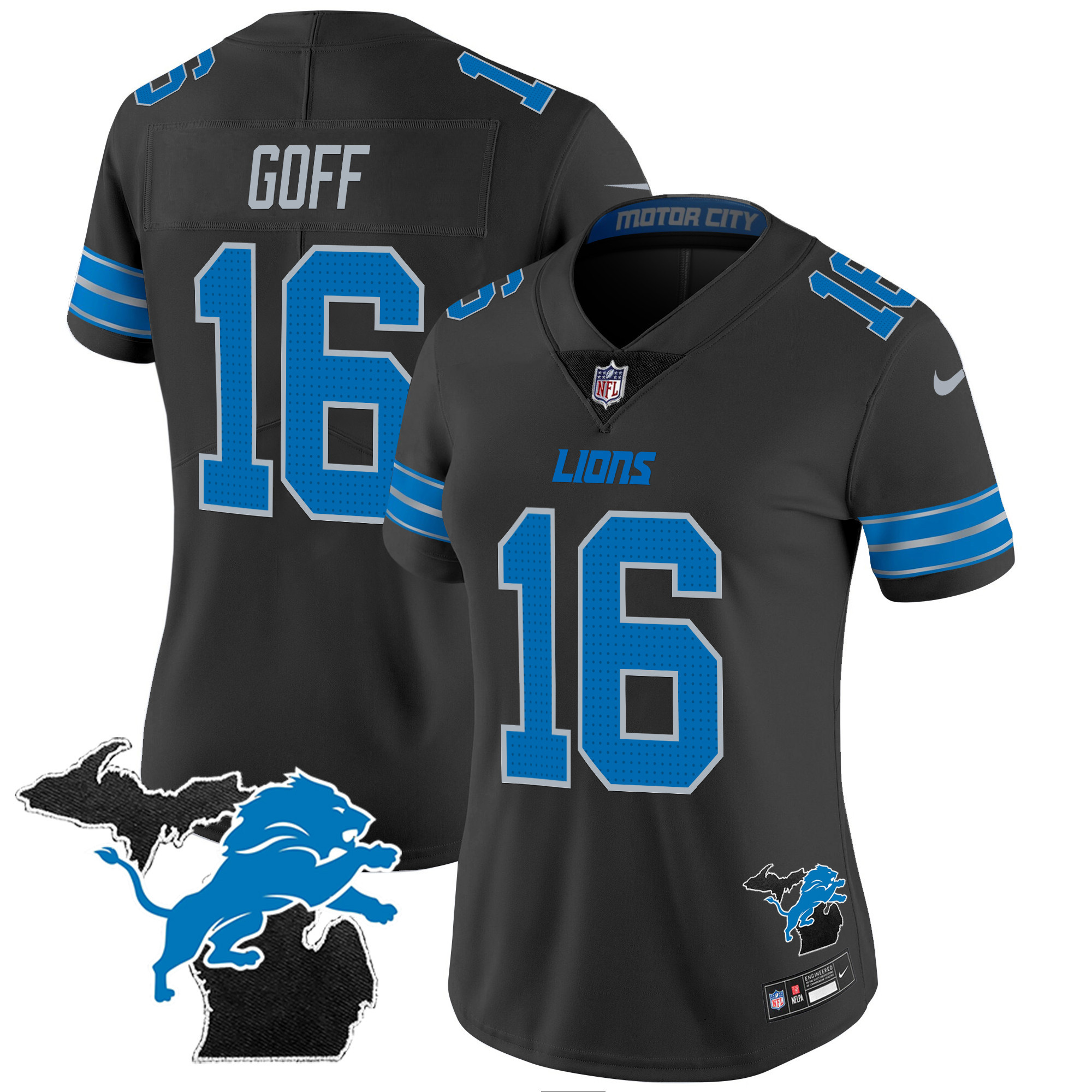 Jared Goff Women's Detroit Lions 2024 Michigan Patch Vapor Black Jersey - All Stitched 