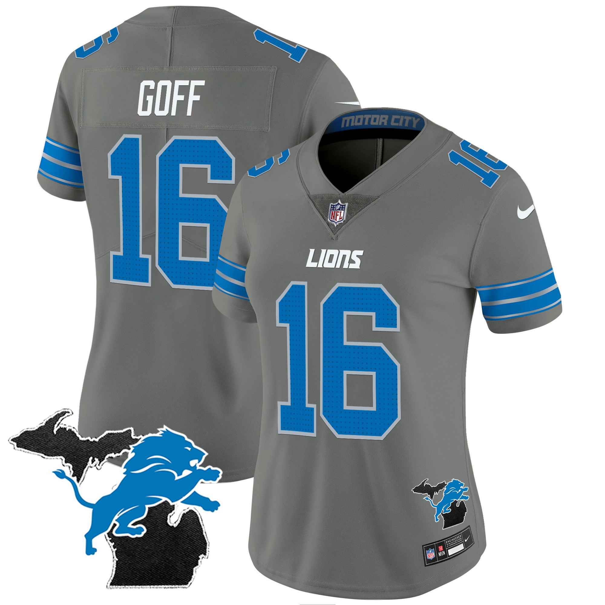 Jared Goff Women's Detroit Lions 2024 Michigan Patch Vapor Gray Jersey - All Stitched 