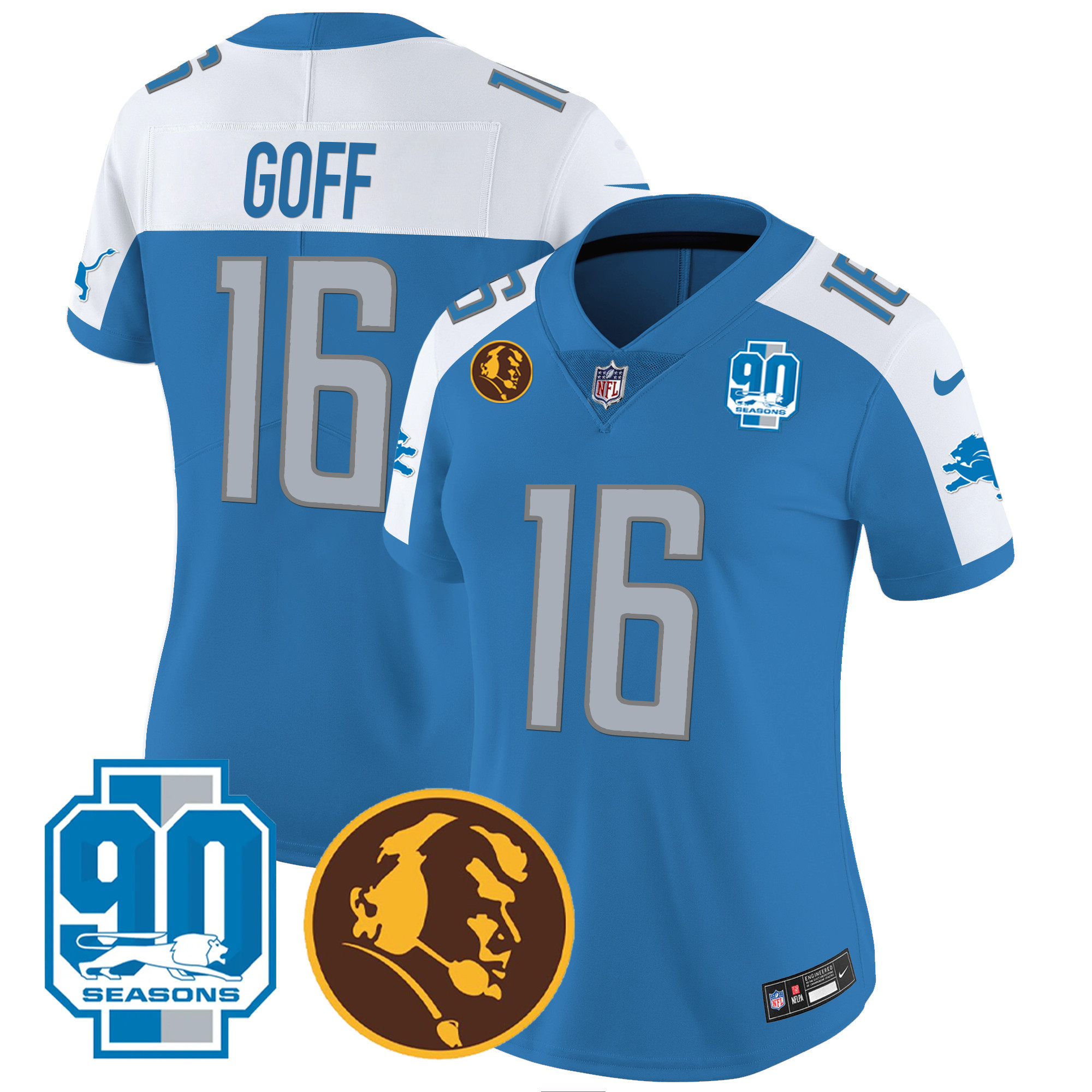 Jared Goff Women's Detroit Lions 90th & John Madden Patch Blue Alternate Jersey - All Stitched 