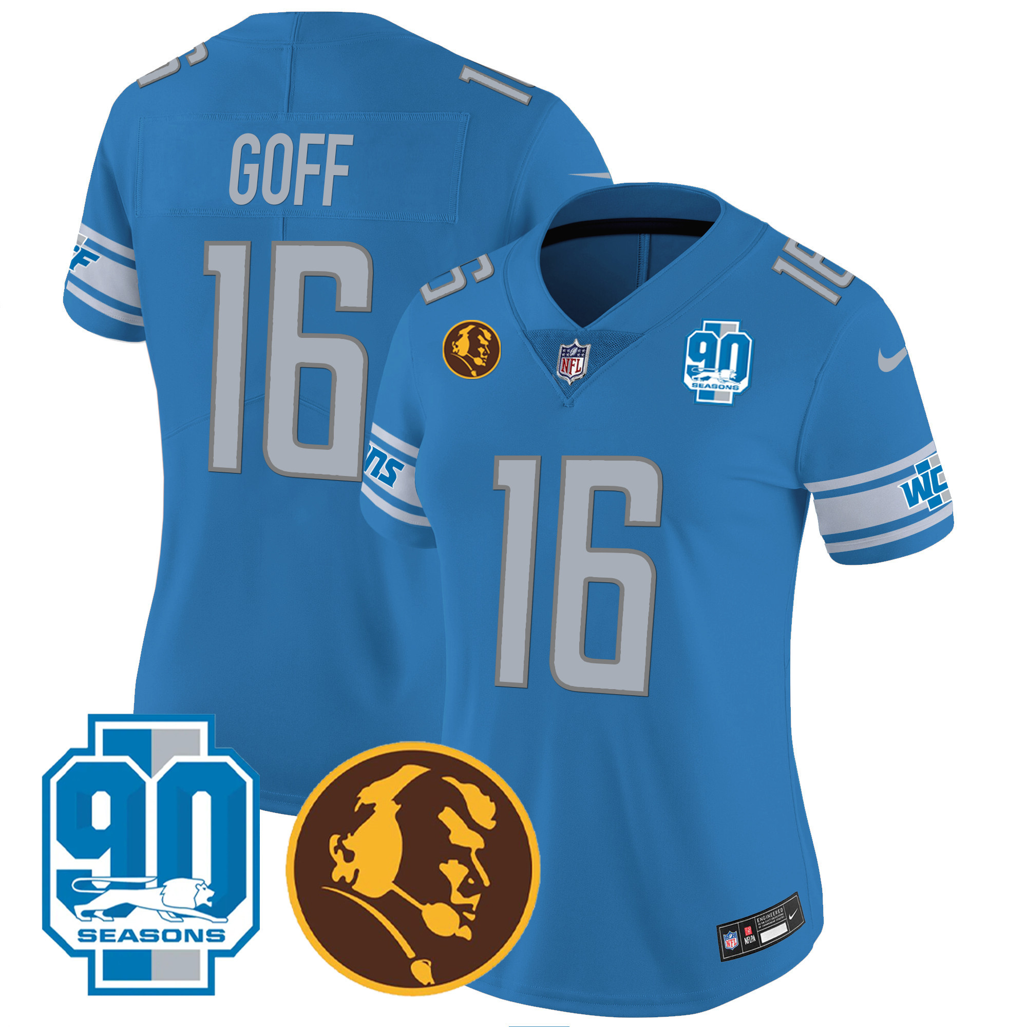Jared Goff Women's Detroit Lions 90th & John Madden Patch Blue Jersey - All Stitched 