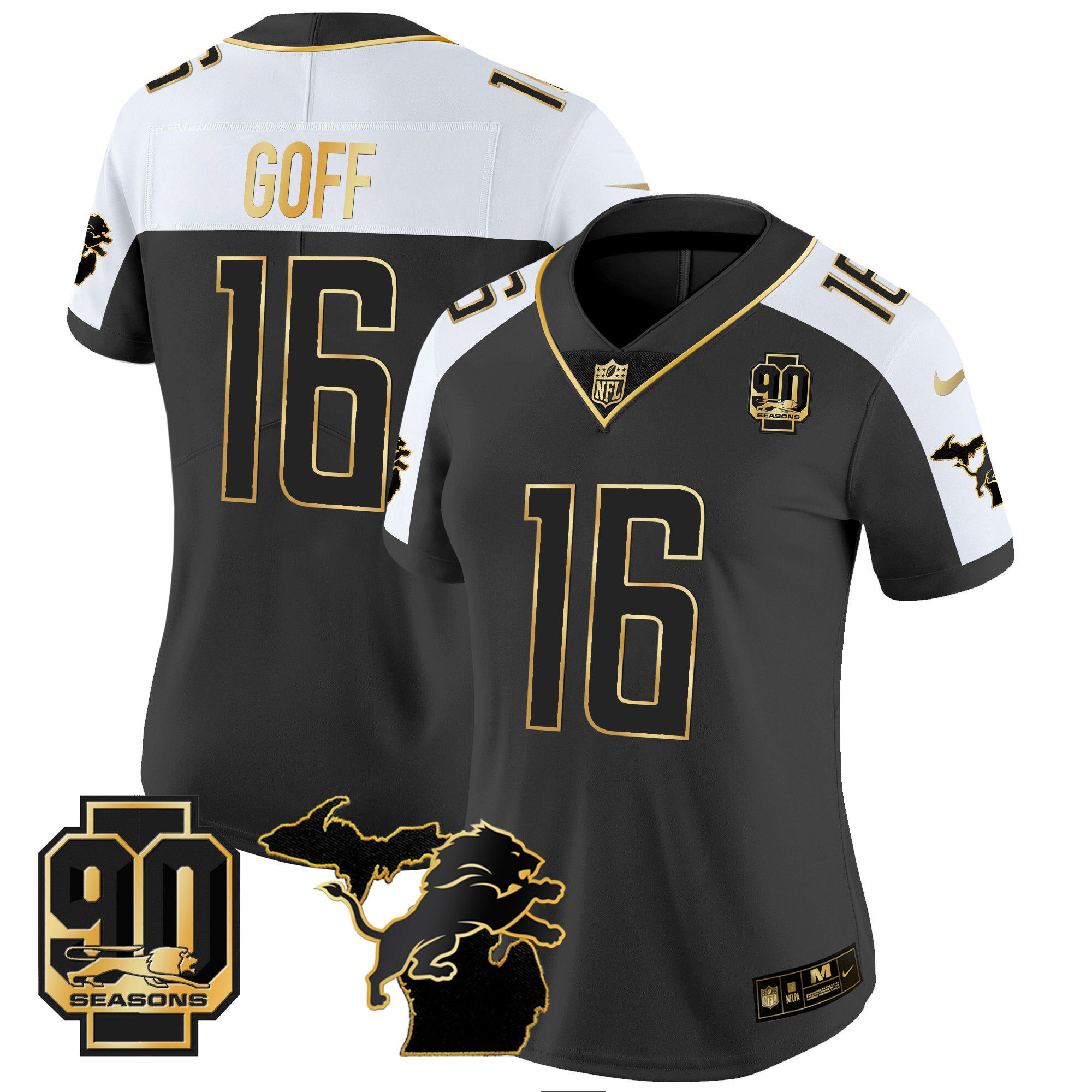 Jared Goff Women's Detroit Lions 90th Year & Michigan Patch Gold Vapor Alternate Jersey - All Stitched 