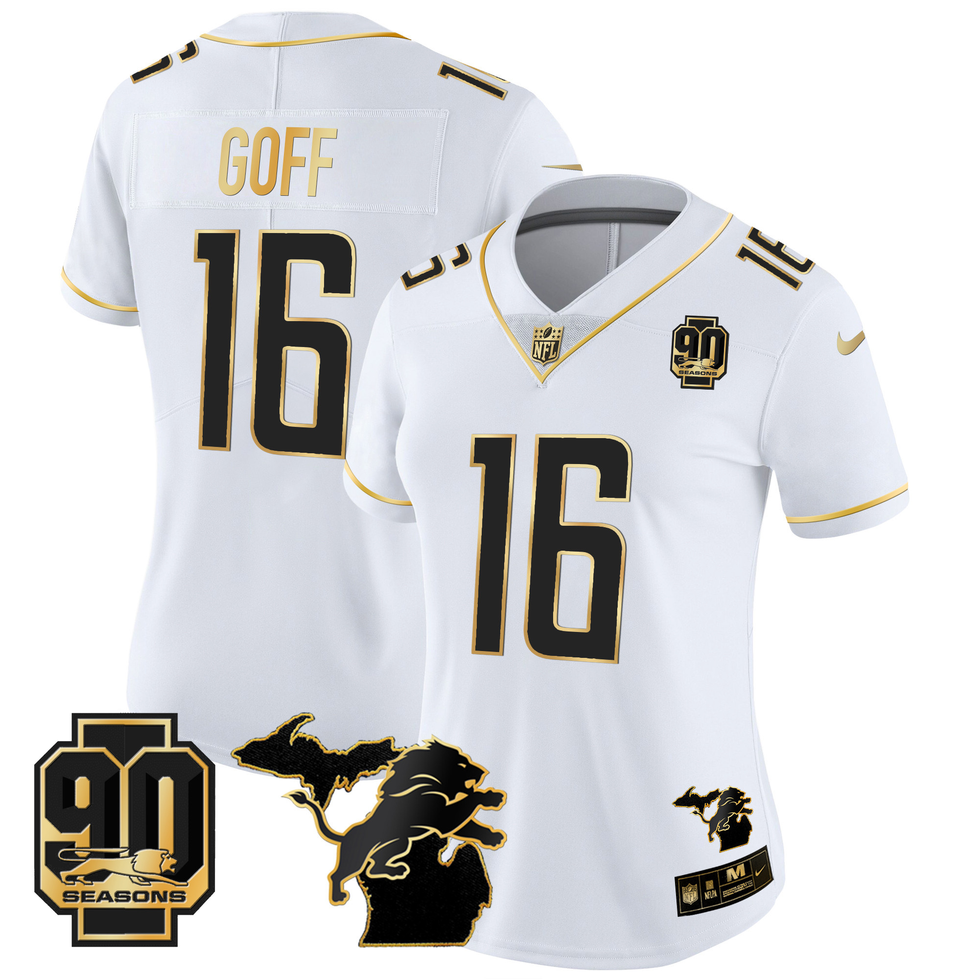 Jared Goff Women's Detroit Lions 90th Year & Michigan Patch Gold Vapor White Gold Jersey - All Stitched 