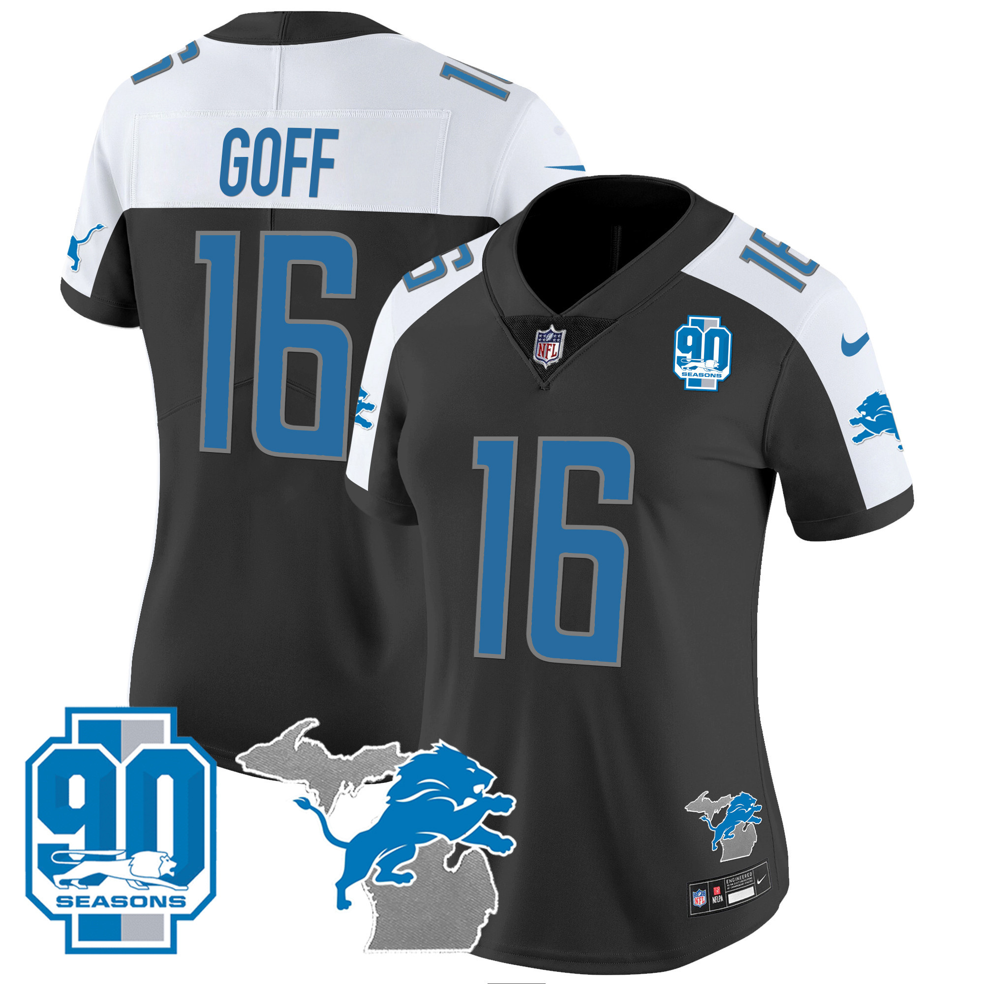 Jared Goff Women's Detroit Lions 90th Year & Michigan Patch Vapor Black Alternate Jersey - All Stitched 