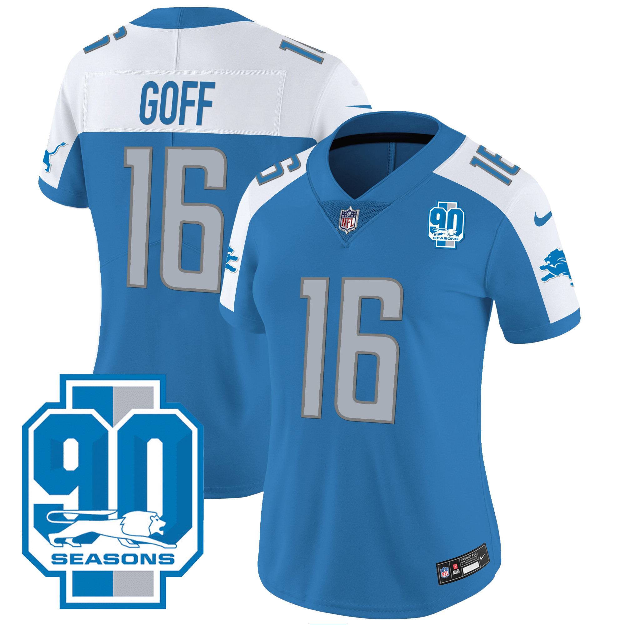 Jared Goff Women's Detroit Lions 90th Year Patch Blue Alternate Jersey - All Stitched 