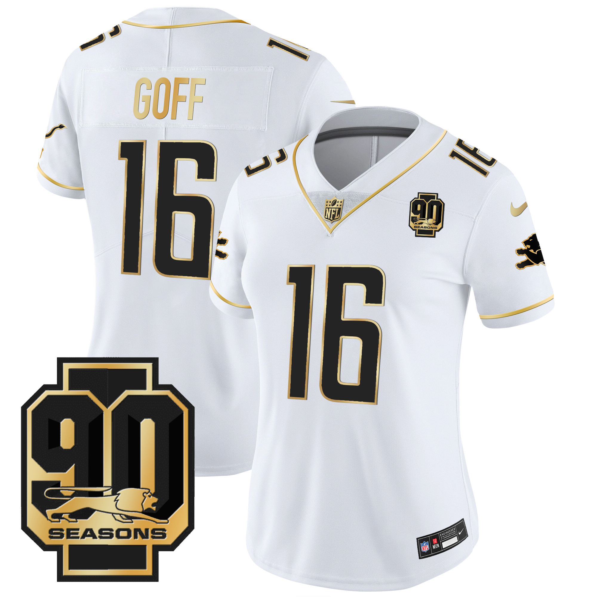 Jared Goff Women's Detroit Lions 90th Year Patch Gold White Gold Jersey - All Stitched 