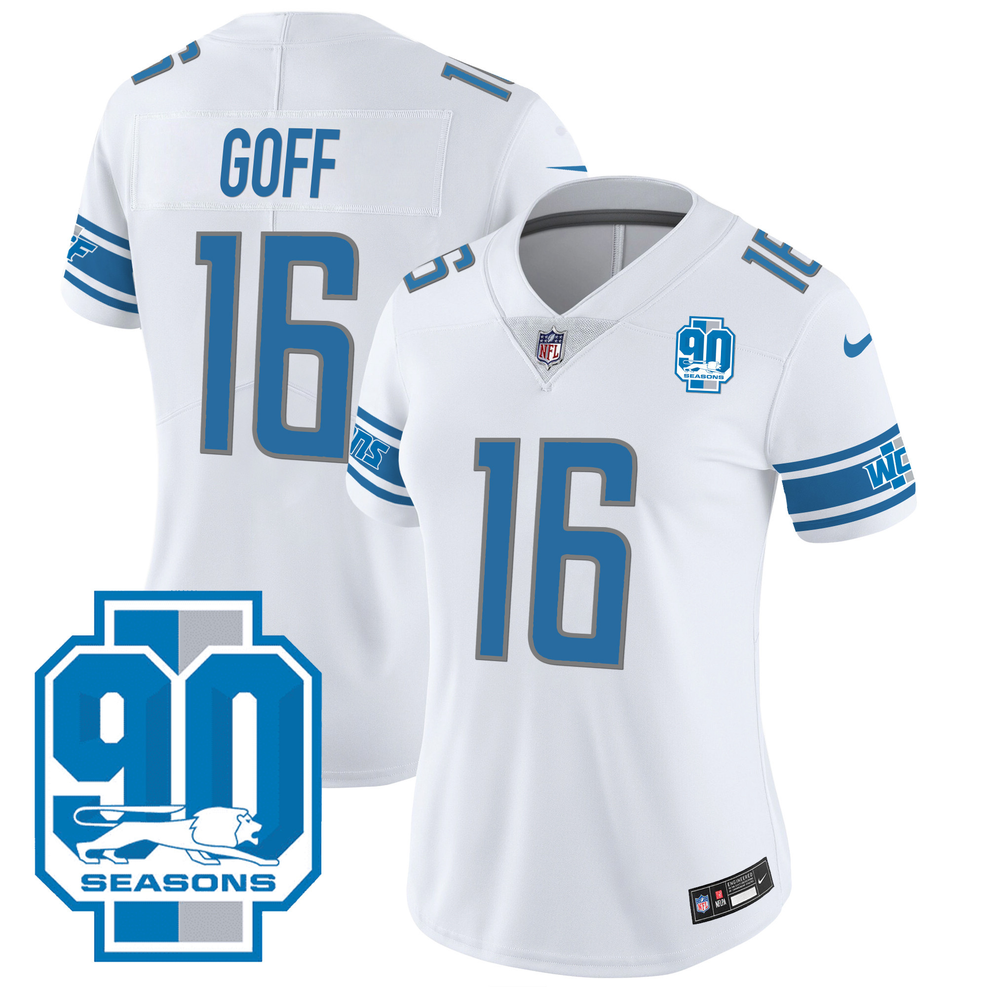 Jared Goff Women's Detroit Lions 90th Year Patch White Jersey - All Stitched 