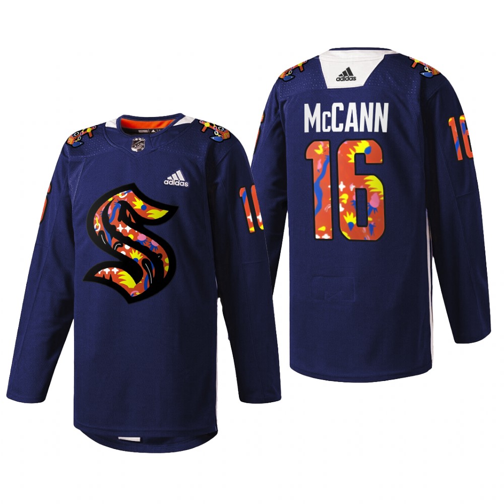 Jared McCann Seattle Kraken Women of  Jersey Navy #16 Stevie Artwork Warmup