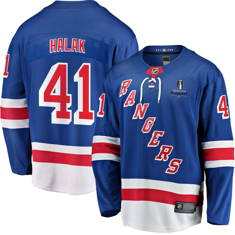 Jaroslav Halak 41 New York Rangers Stanley Cup 2023 Playoffs Patch Home Breakaway Men Stitched Jersey – Blue