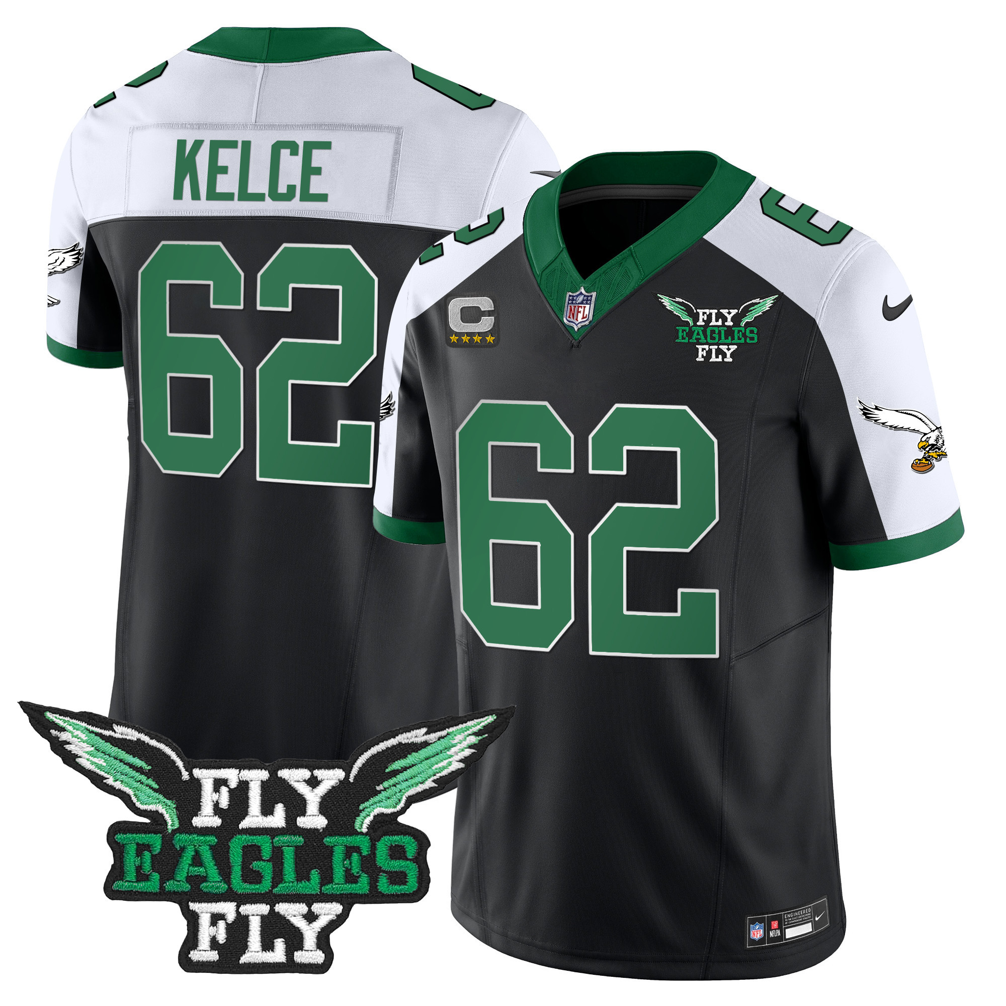Jason Kelce Men's Fly Philadelphia Eagles Fly Patch Throwback Kelly Green Vapor Black Alternate Jersey - All Stitched