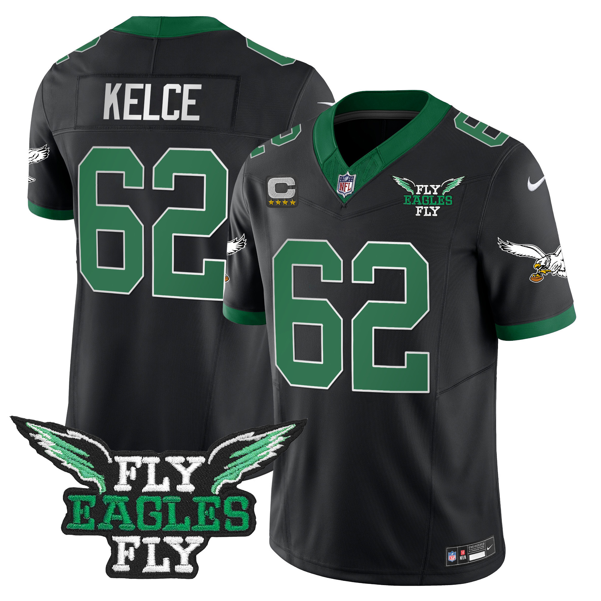 Jason Kelce Men's Fly Philadelphia Eagles Fly Patch Throwback Kelly Green Vapor Black Jersey - All Stitched