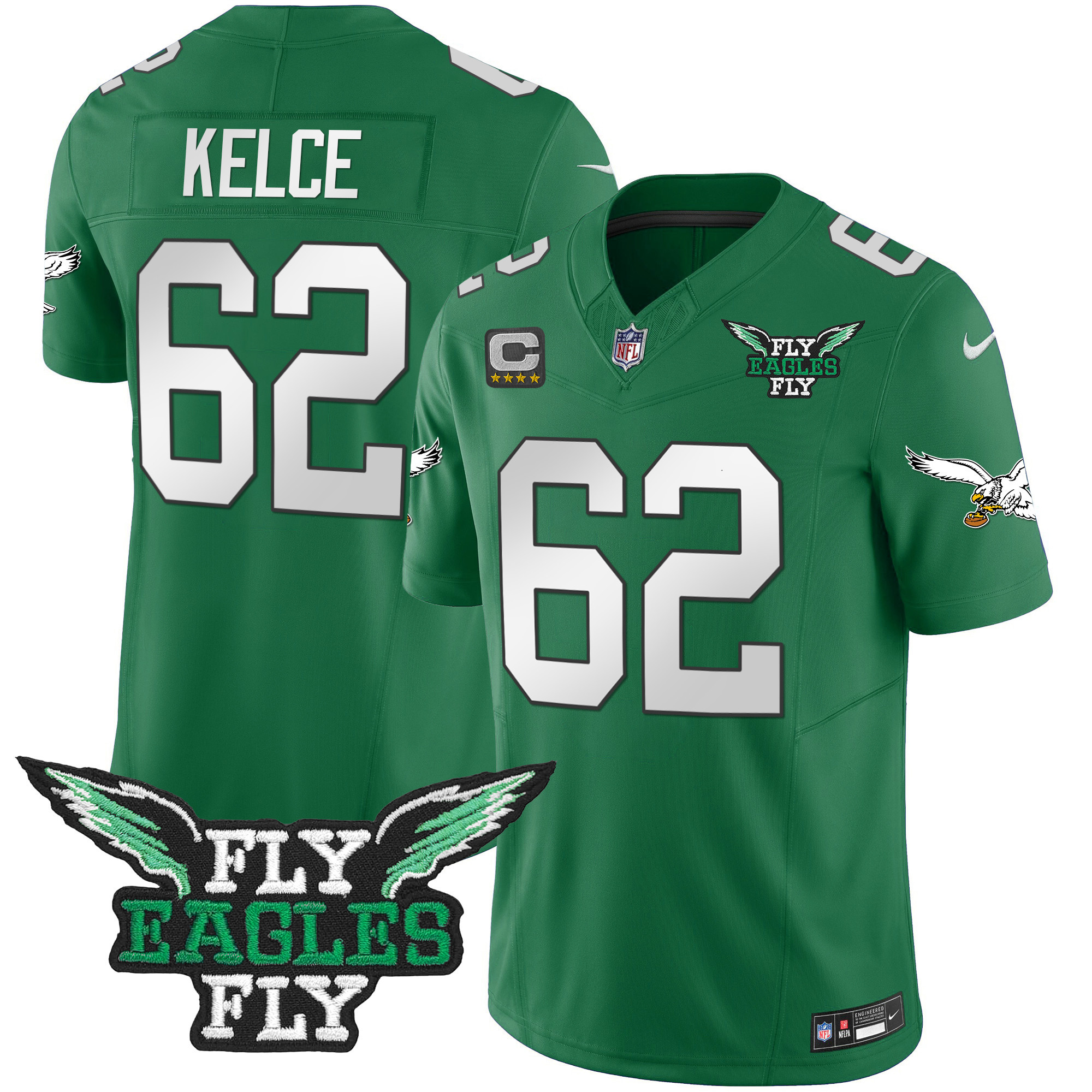Jason Kelce Men's Fly Philadelphia Eagles Fly Patch Throwback Kelly Green Vapor Jersey - All Stitched