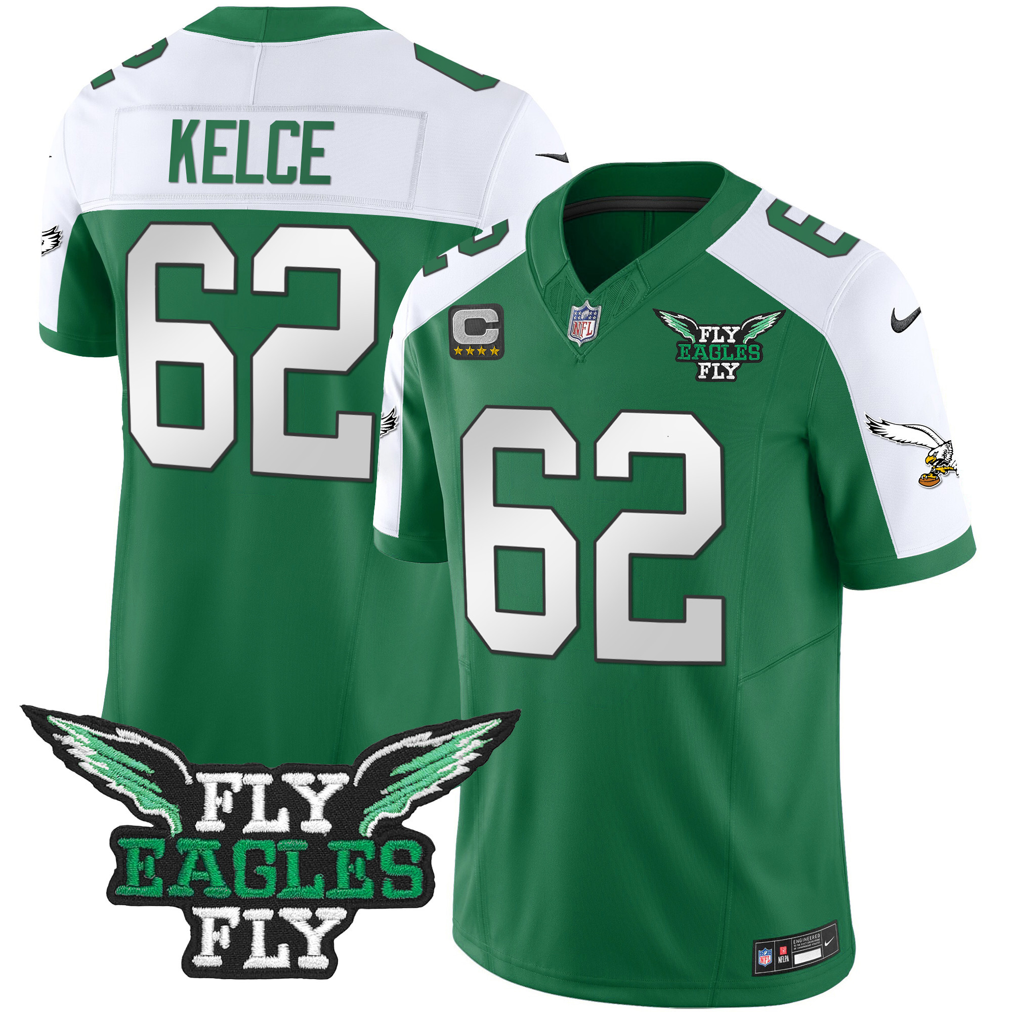 Jason Kelce Men's Fly Philadelphia Eagles Fly Patch Throwback Kelly Green Vapor Kelly Alternate Jersey - All Stitched