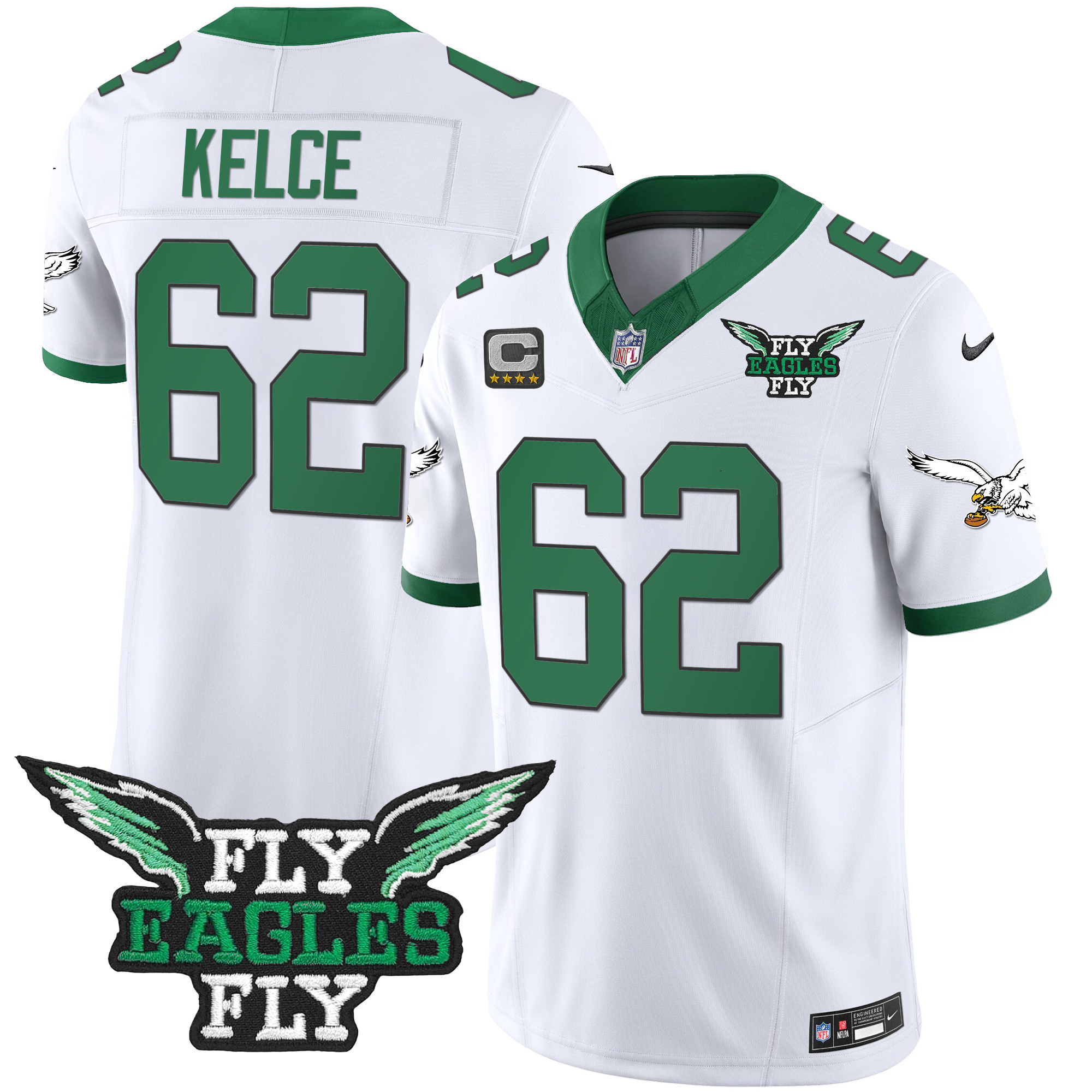 Jason Kelce Men's Fly Philadelphia Eagles Fly Patch Throwback Kelly Green Vapor Kelly White Jersey - All Stitched