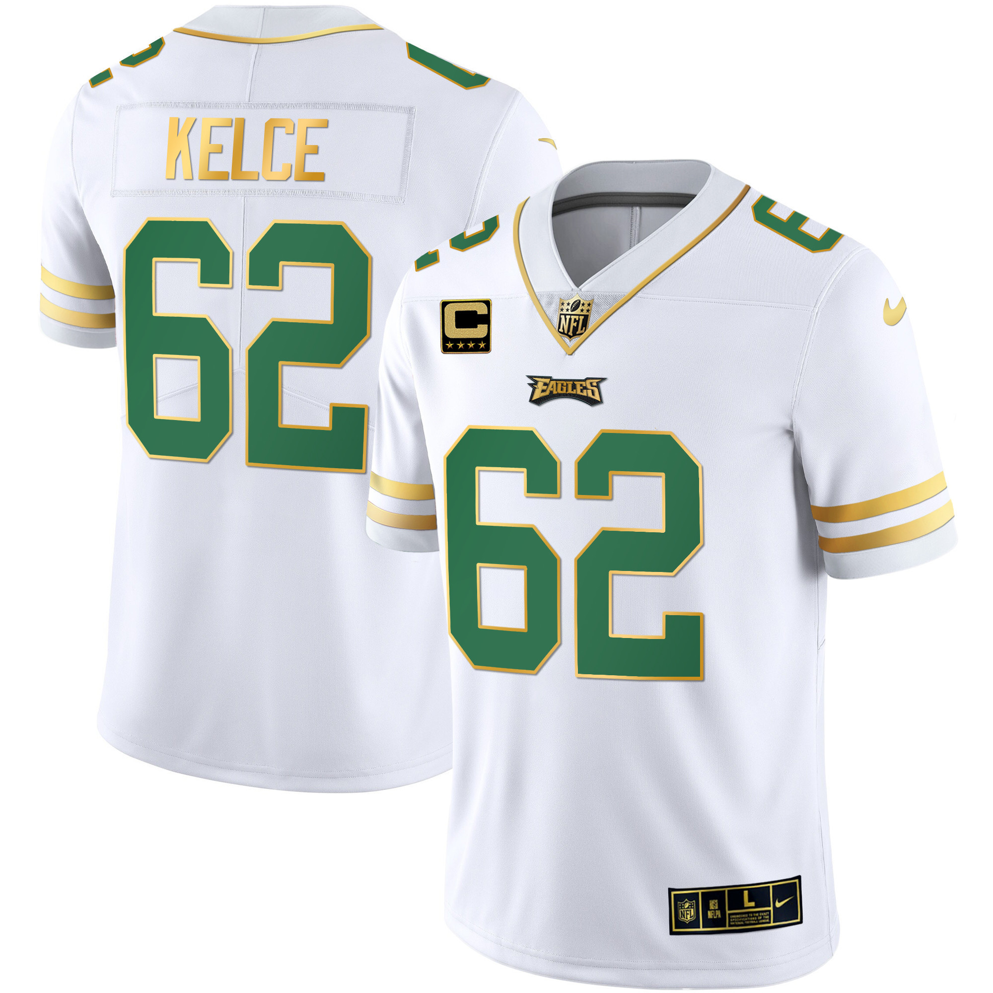 Jason Kelce Men's Philadelphia Eagles Gold & Kelly Vapor V3 Kelly White Jersey - All Stitched