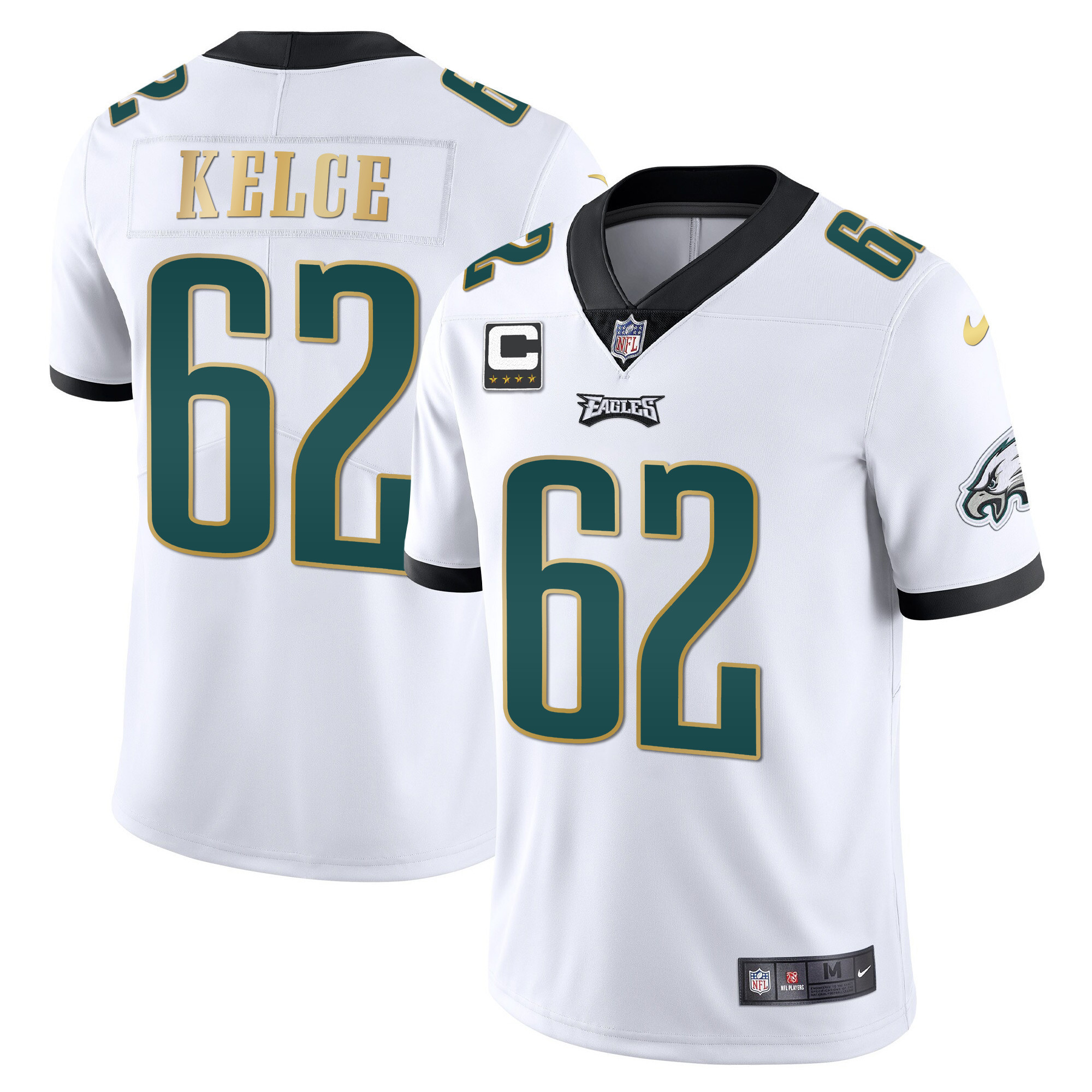 Jason Kelce Men's Philadelphia Eagles Gold Trim Vapor Player White Gold Trim Jersey - All Stitched