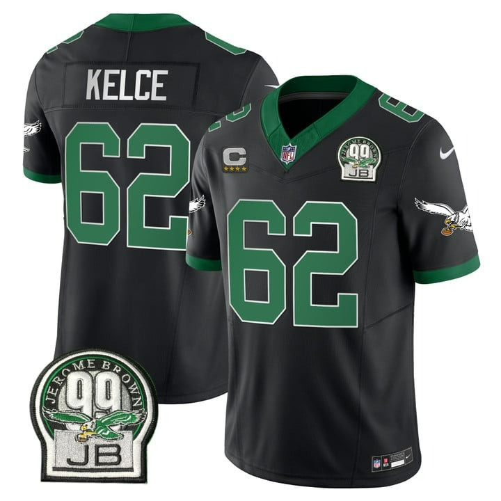 Jason Kelce Men's Philadelphia Eagles Jerome Brown Patch Kelly Green Alternate V2 Black Jersey - All Stitched