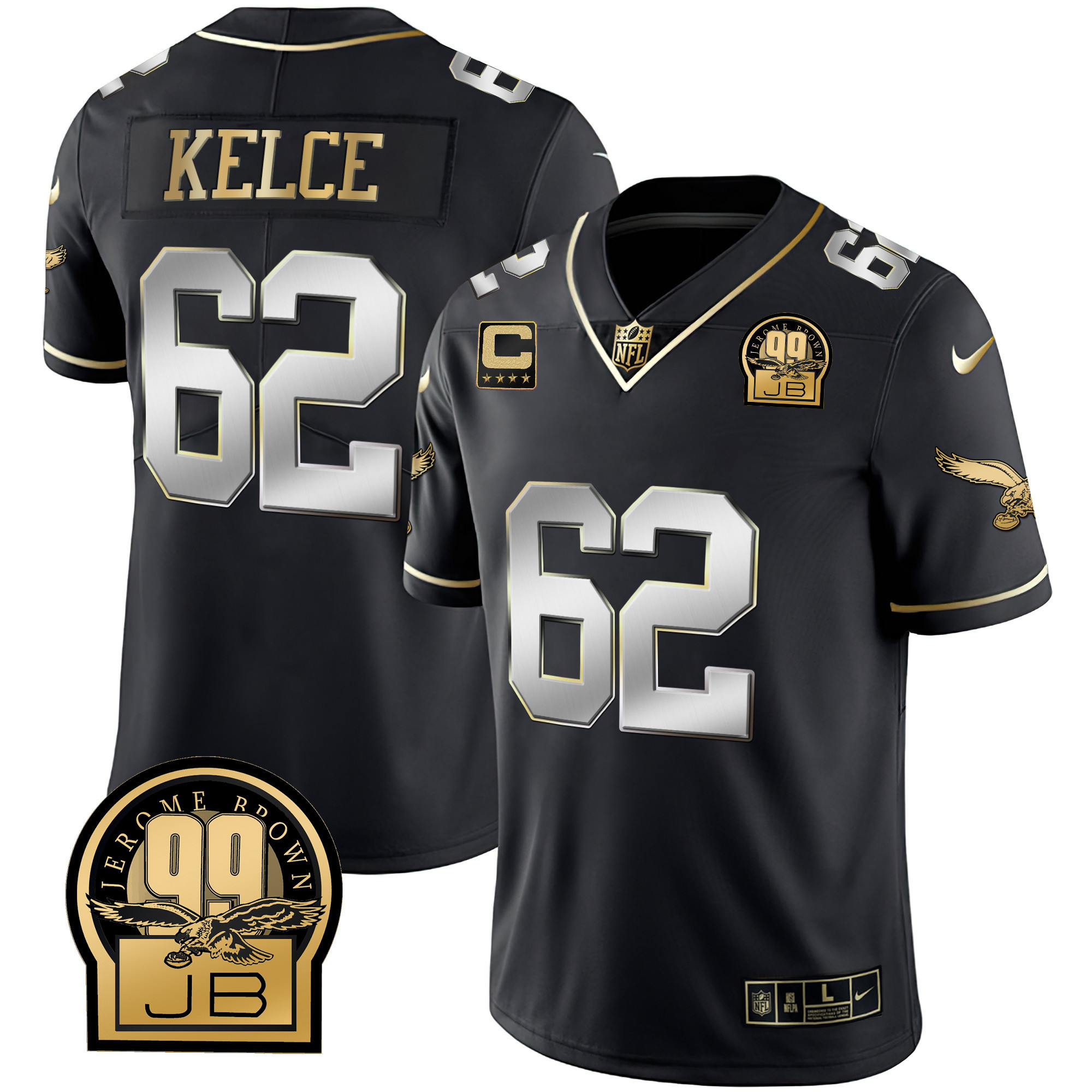 Jason Kelce Men's Philadelphia Eagles Jerome Brown Retired Patch Gold & Kelly Black Limited Jersey - All Stitched
