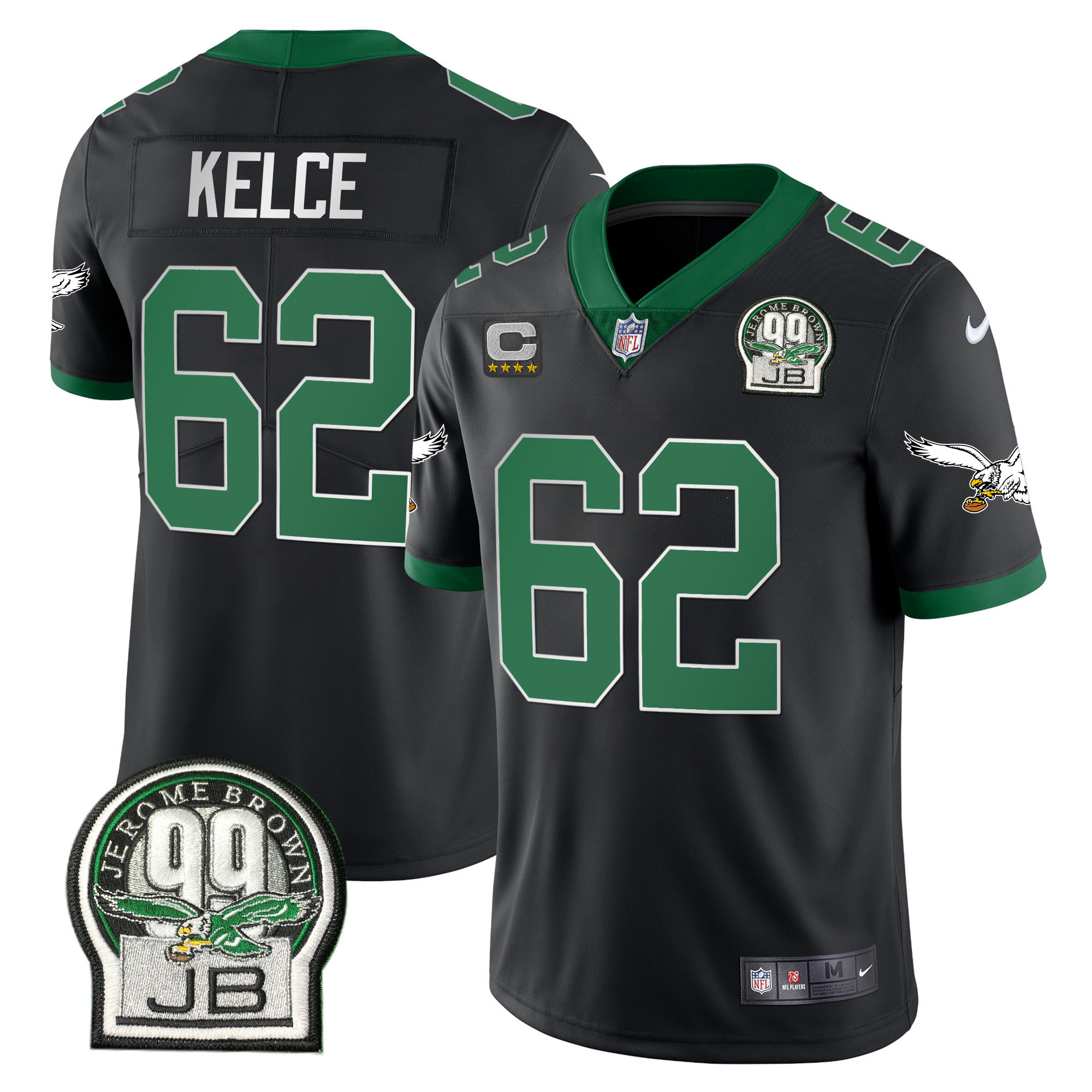 Jason Kelce Men's Philadelphia Eagles Jerome Brown Retired Patch Gold & Kelly Kelly Black Jersey - All Stitched