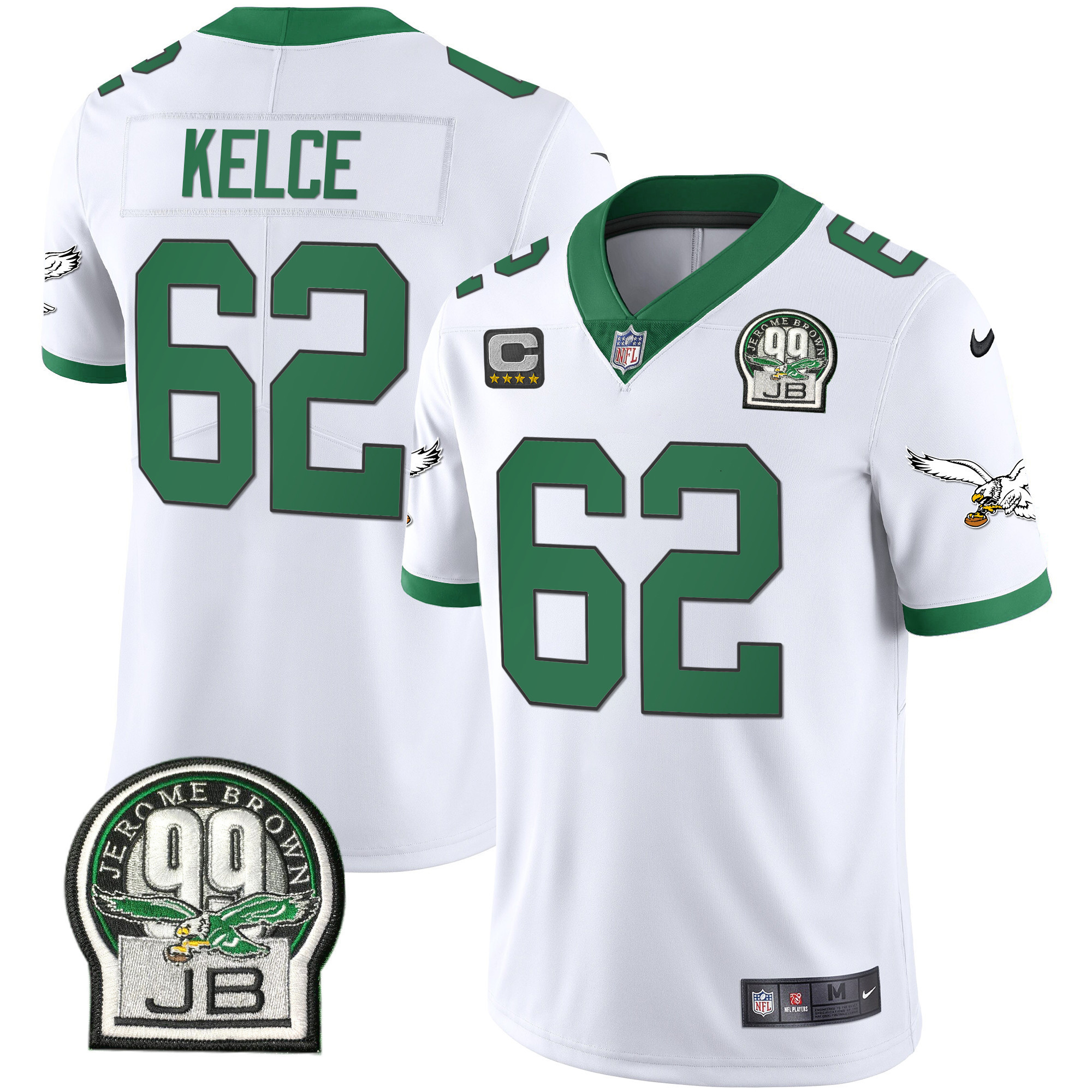 Jason Kelce Men's Philadelphia Eagles Jerome Brown Retired Patch Gold & Kelly Kelly White Jersey - All Stitched