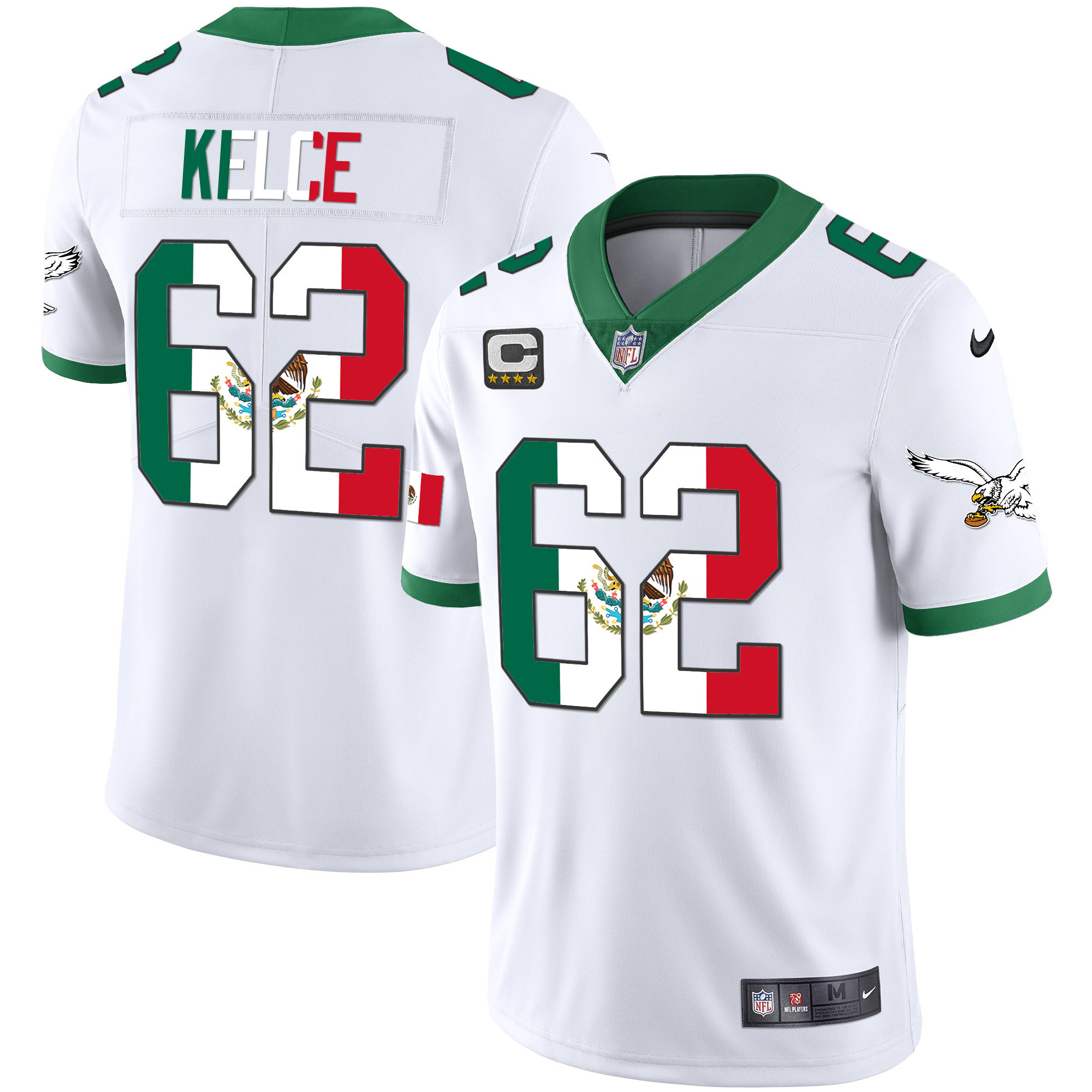 Jason Kelce Men's Philadelphia Eagles Mexico Gold & Kelly Vapor Kelly White Jersey - All Stitched