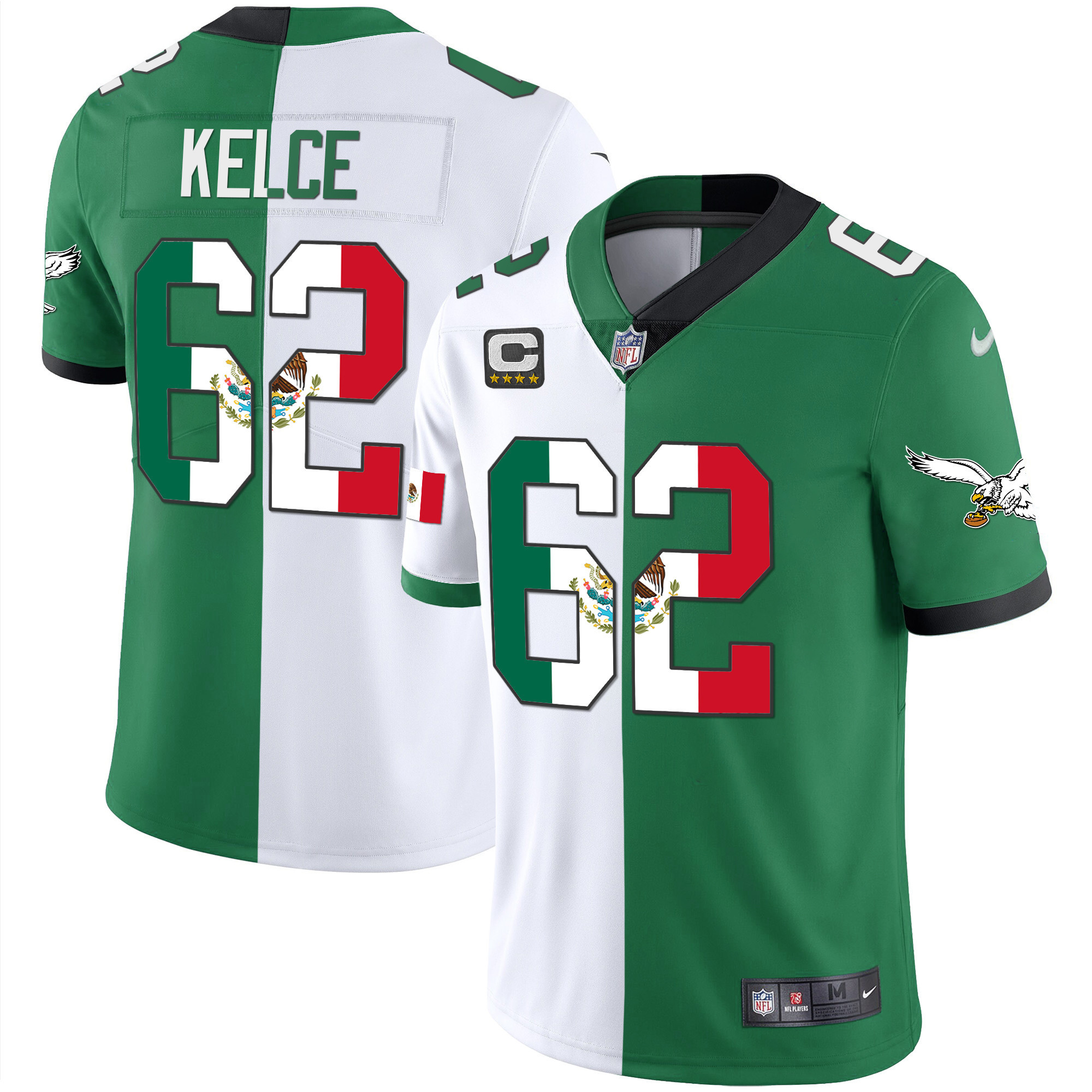 Jason Kelce Men's Philadelphia Eagles Mexico Gold & Kelly Vapor Split Jersey - All Stitched