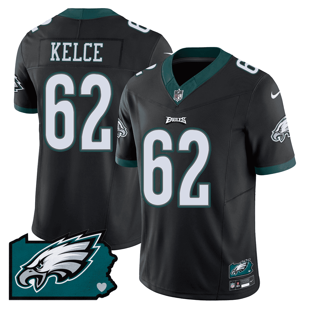 Jason Kelce Men's Philadelphia Eagles Pennsylvania State Map Patch Black Jersey - All Stitched
