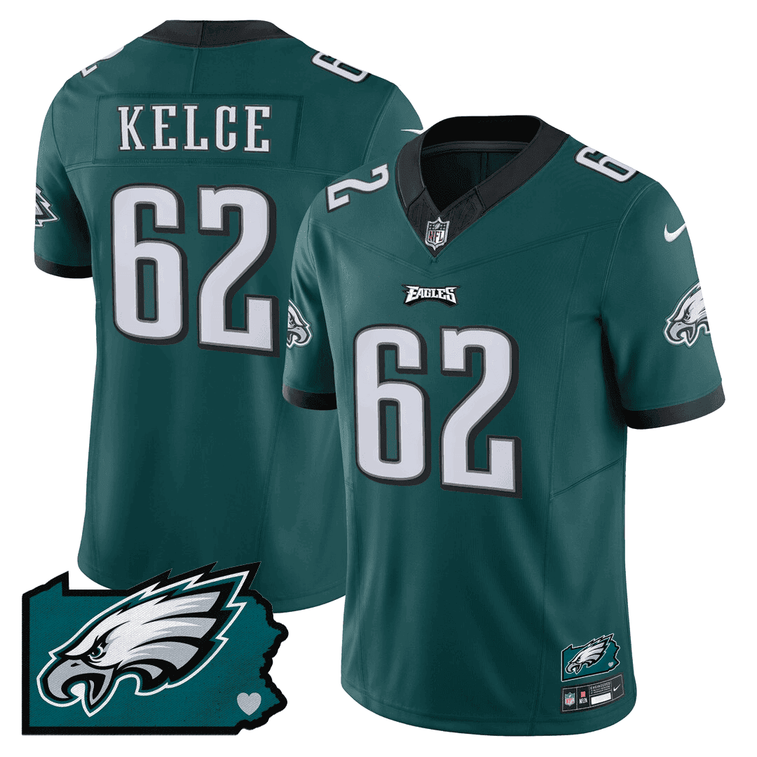 Jason Kelce Men's Philadelphia Eagles Pennsylvania State Map Patch Green Jersey - All Stitched