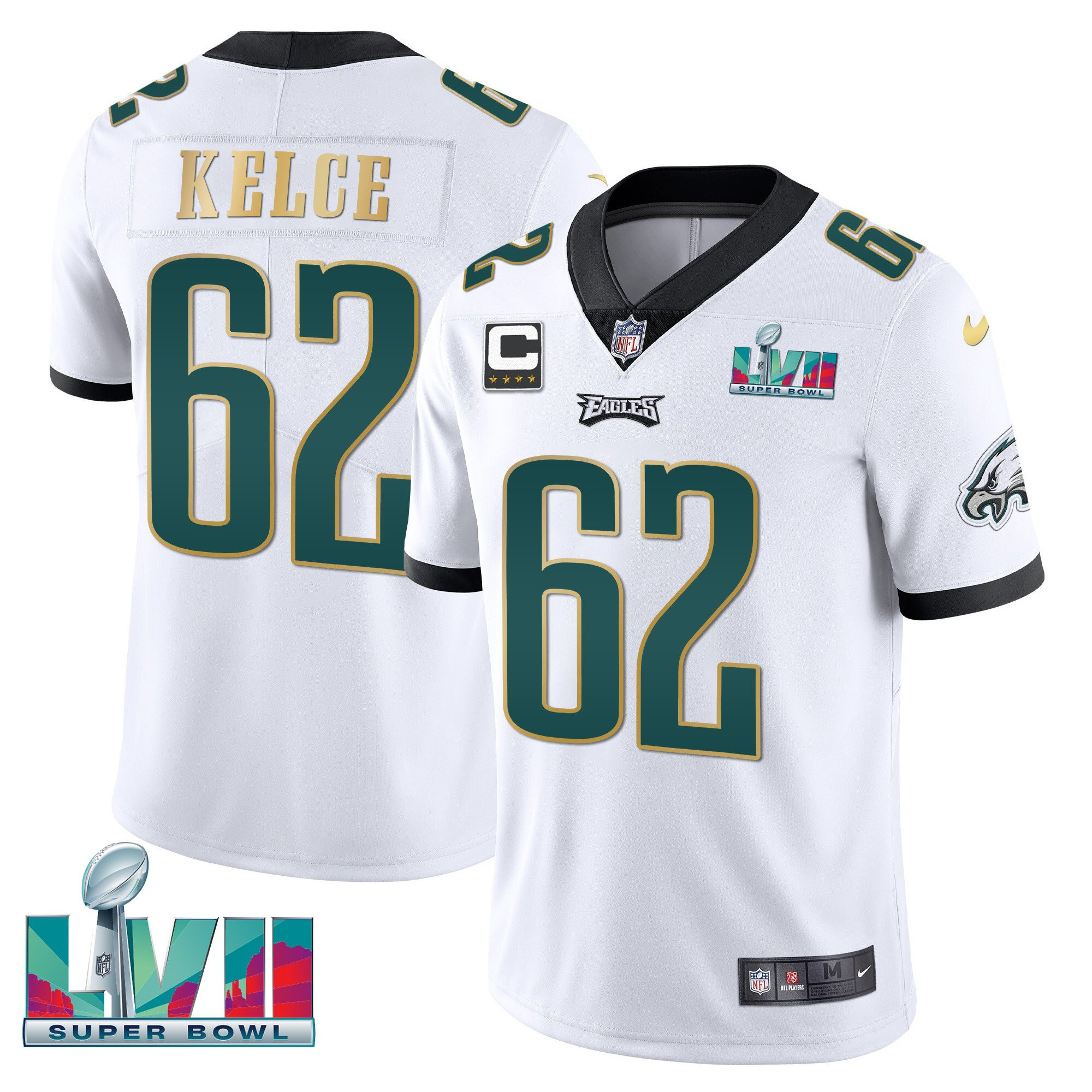 Jason Kelce Men's Philadelphia Eagles Super Bowl Patch Vapor White Gold Trim Jersey - All Stitched