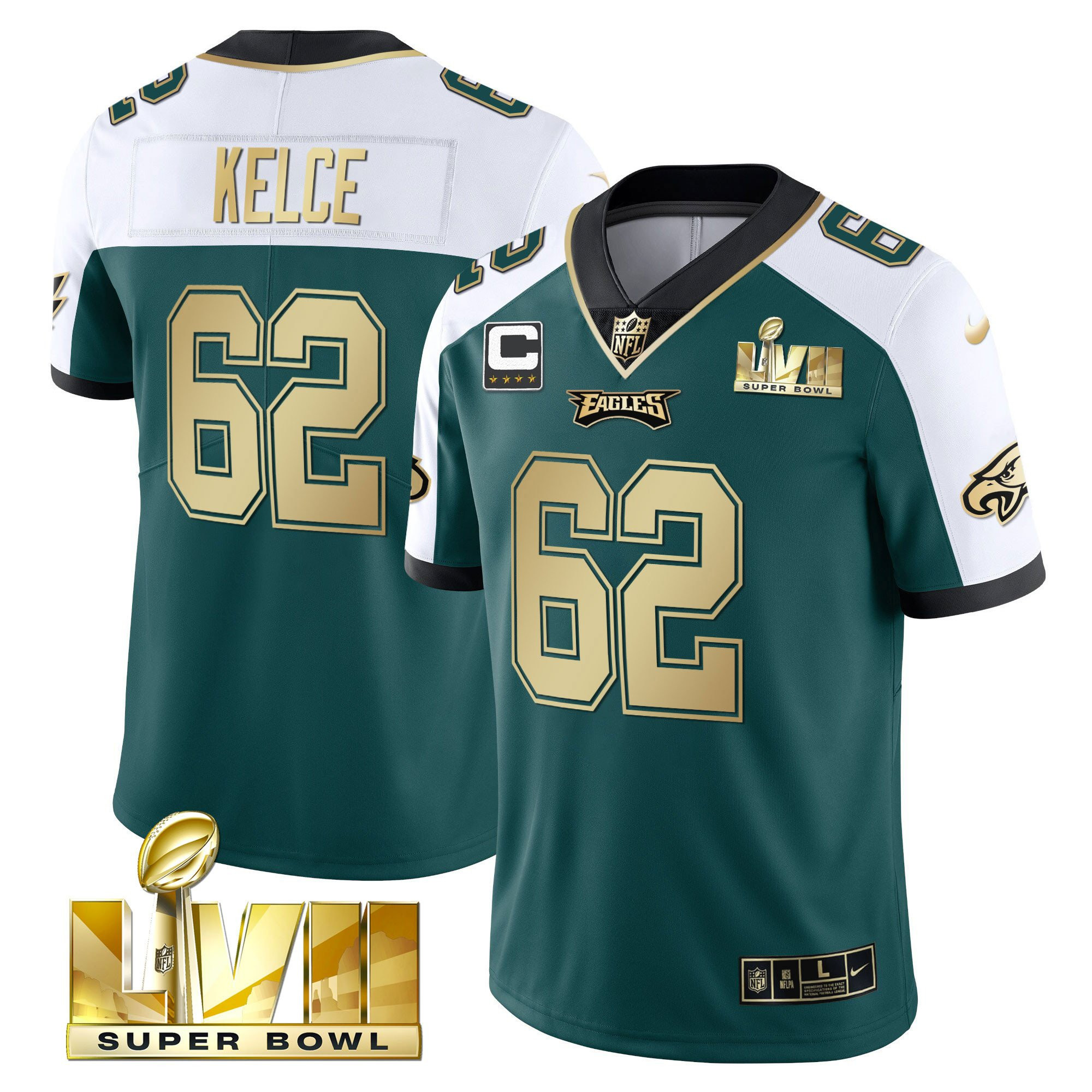 Jason Kelce Men's Philadelphia Eagles Super Bowl Vapor Gold Alternate Green Jersey - All Stitched