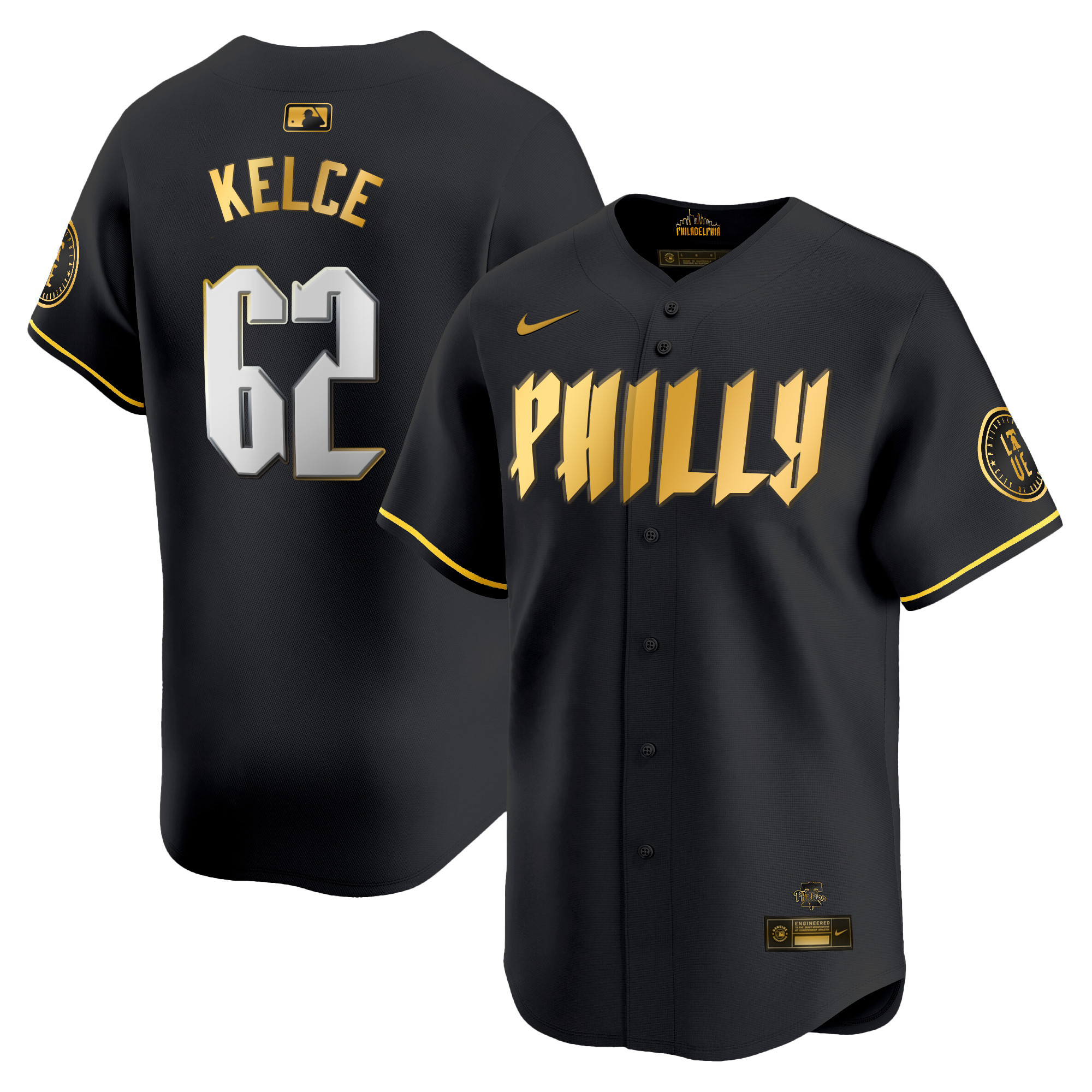 Jason Kelce Men's Philadelphia Phillies 2024 City Connect Vapor Premier Limited Black Gold Jersey - All Stitched