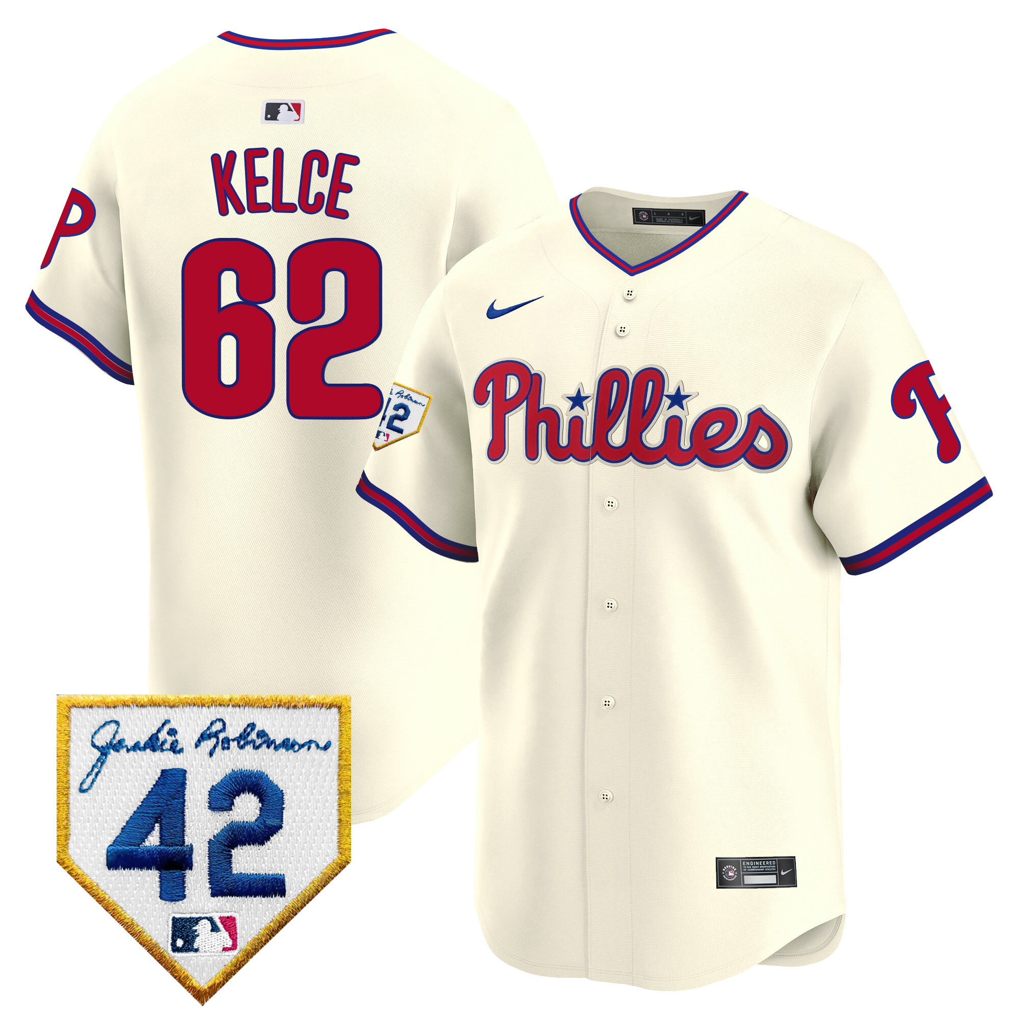 Jason Kelce Men's Philadelphia Phillies 2024 Jackie Robinson Patch Vapor Premier Limited Cream Jersey - All Stitched