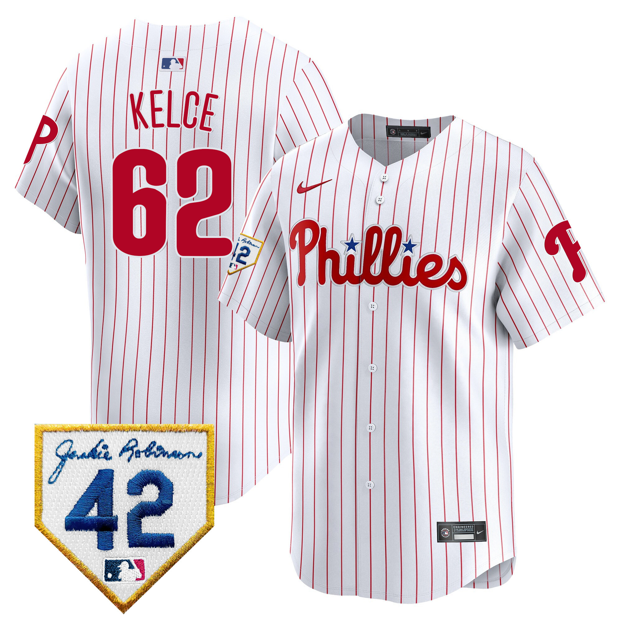 Jason Kelce Men's Philadelphia Phillies 2024 Jackie Robinson Patch Vapor Premier Limited White Jersey - All Stitched