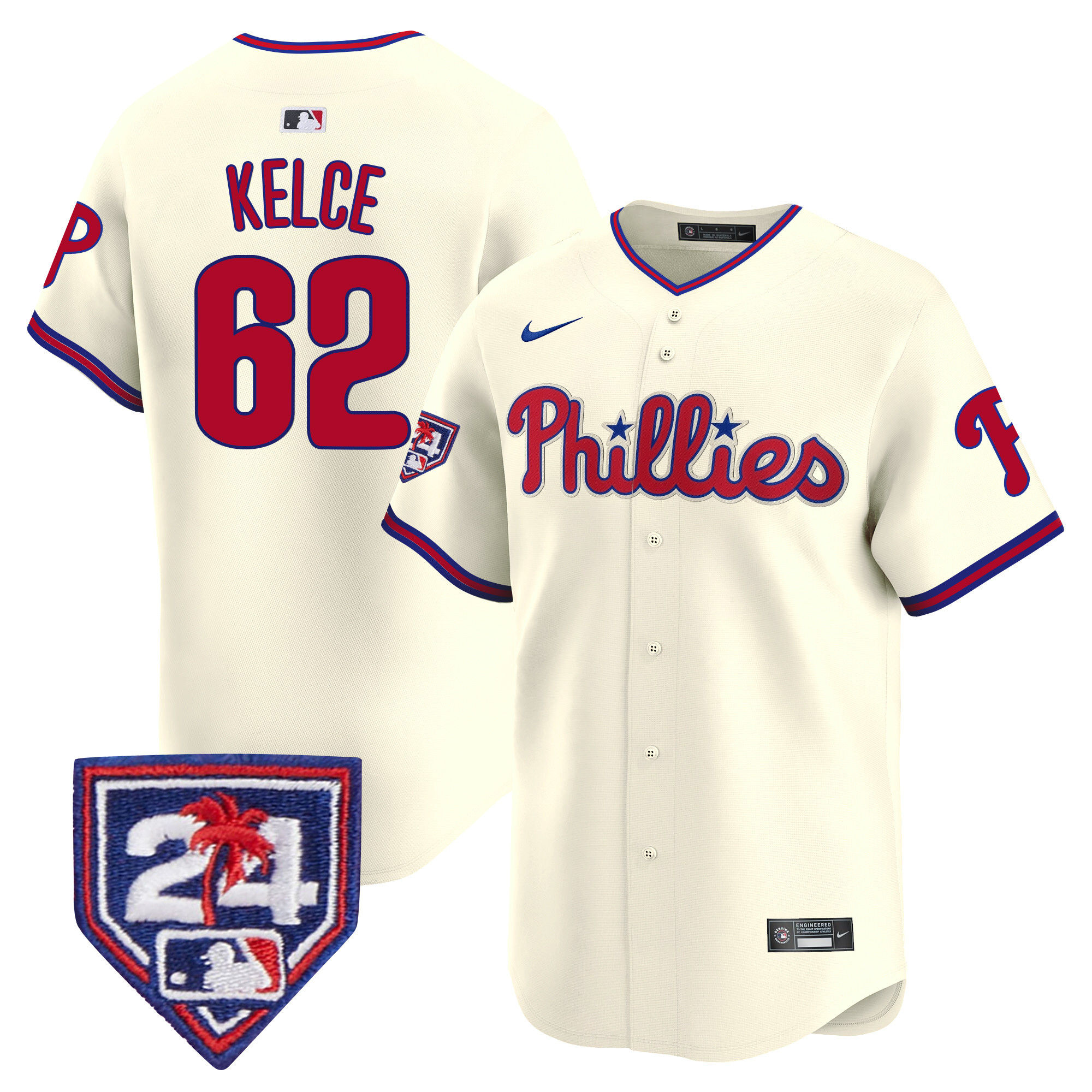 Jason Kelce Men's Philadelphia Phillies 2024 Spring Training Patch Vapor Premier Limited Cream Jersey - All Stitched