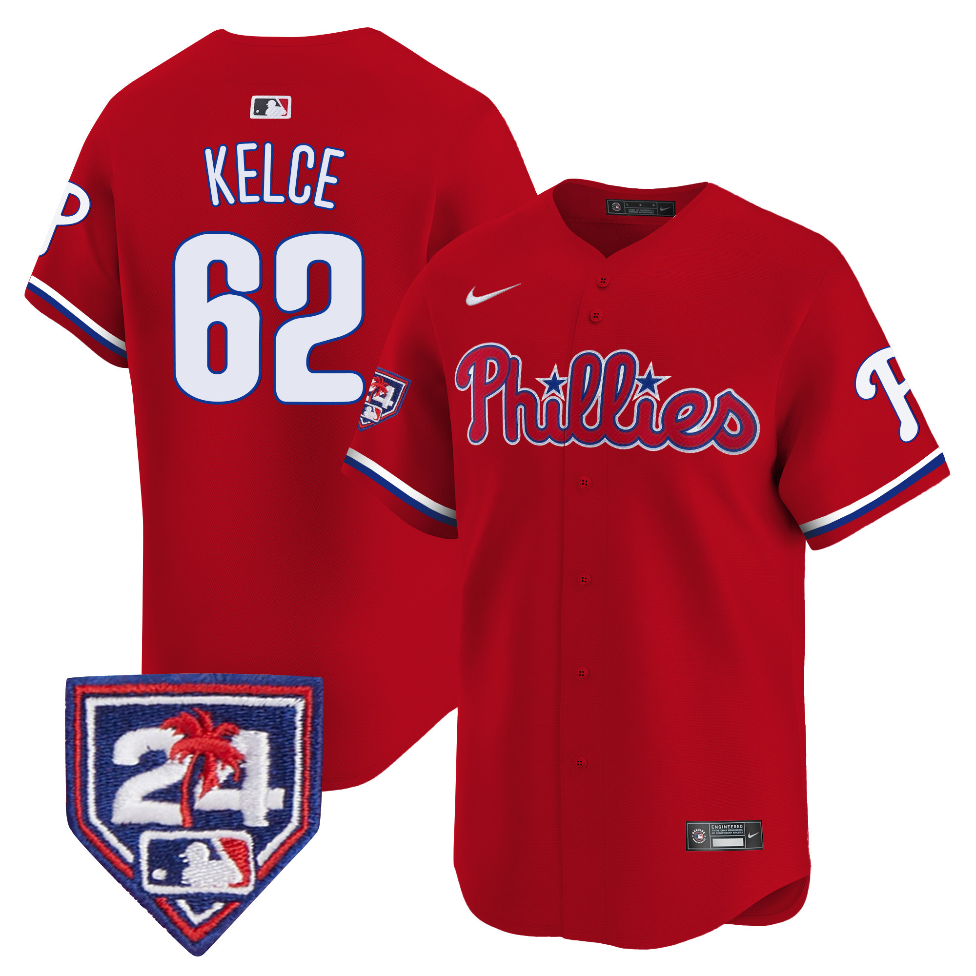 Jason Kelce Men's Philadelphia Phillies 2024 Spring Training Patch Vapor Premier Limited Red Jersey - All Stitched