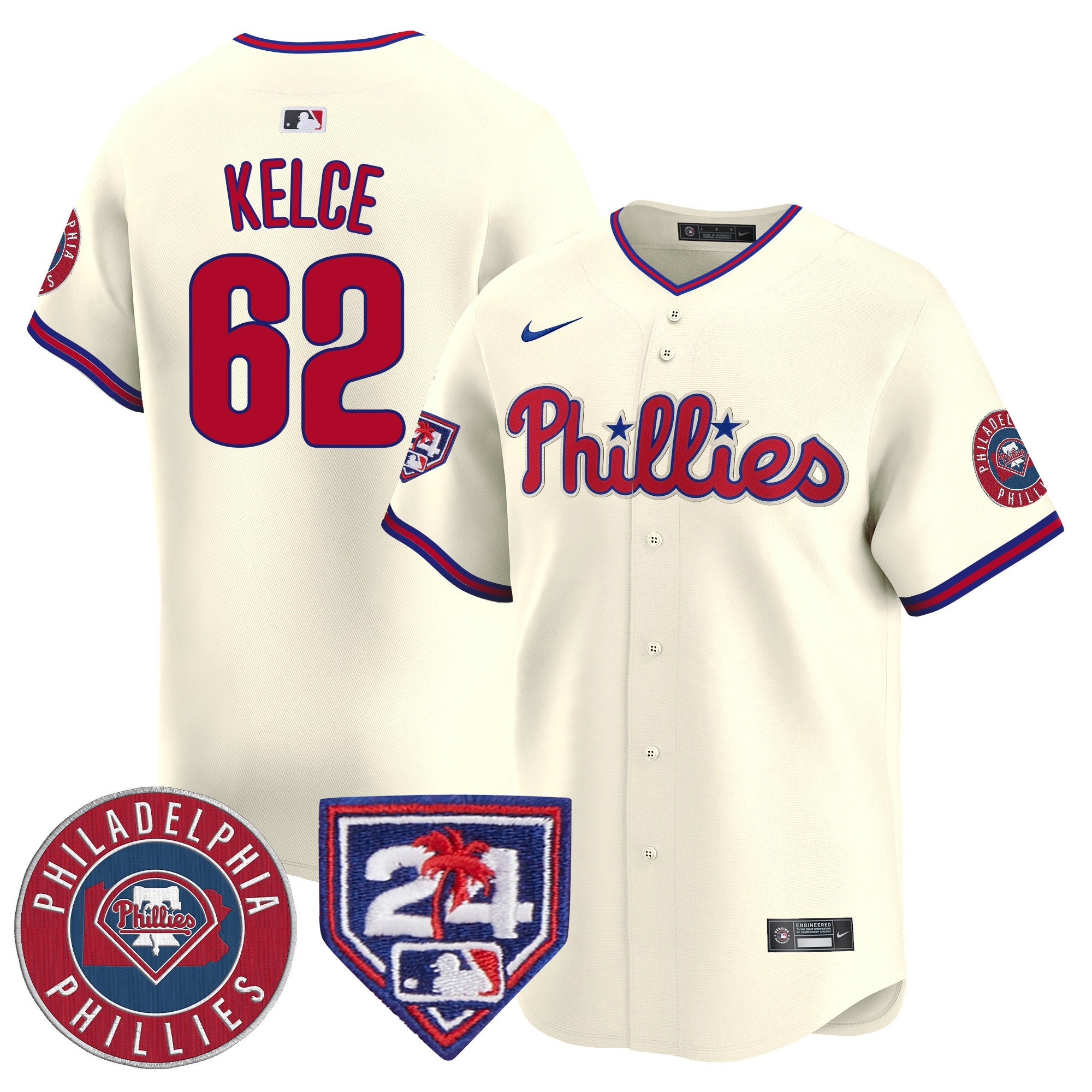 Jason Kelce Men's Philadelphia Phillies 2024 Spring Training Patch Vapor Premier Limited V2 Cream Jersey - All Stitched