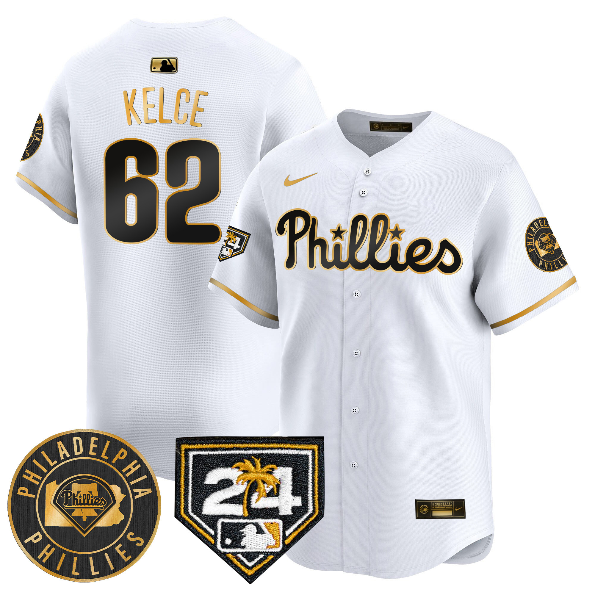 Jason Kelce Men's Philadelphia Phillies 2024 Spring Training Patch Vapor Premier Limited V2 White Gold Jersey - All Stitched