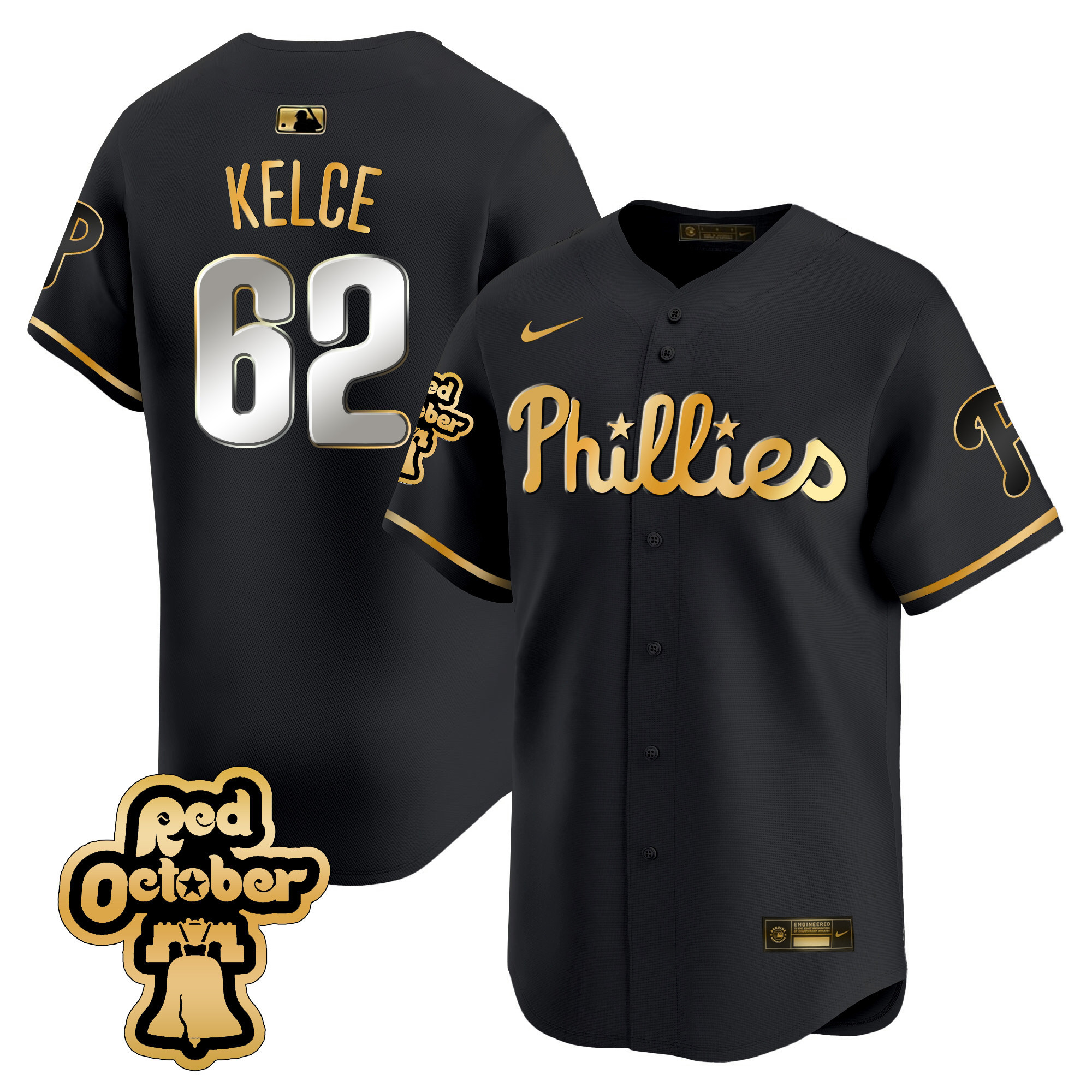 Jason Kelce Men's Philadelphia Phillies Red Octorber Patch Vapor Premier Limited Black Gold Jersey - All Stitched