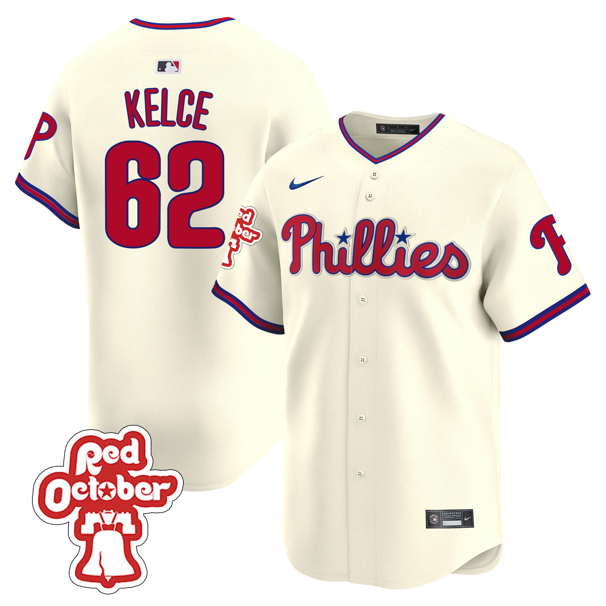 Jason Kelce Men's Philadelphia Phillies Red Octorber Patch Vapor Premier Limited Cream Jersey - All Stitched