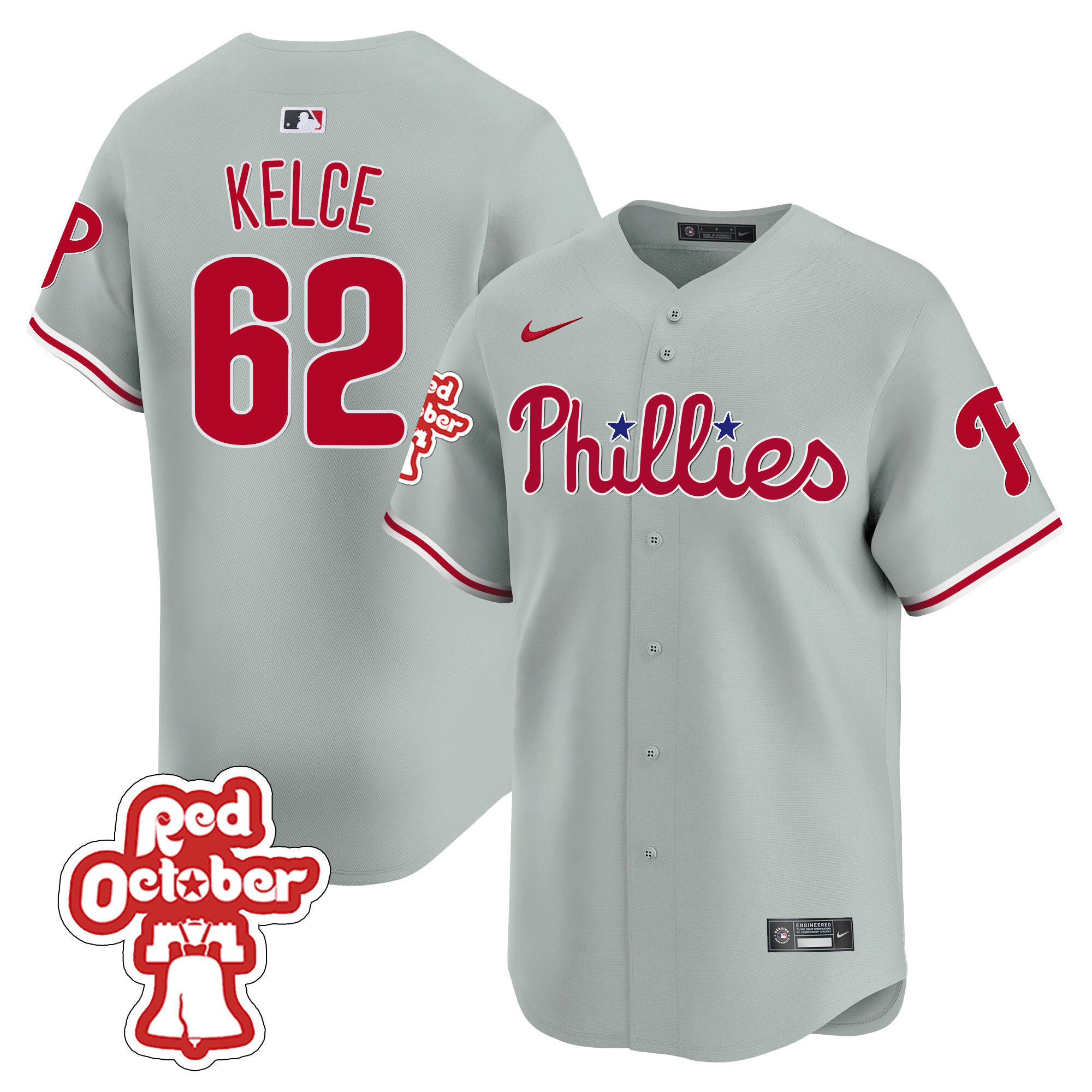 Jason Kelce Men's Philadelphia Phillies Red Octorber Patch Vapor Premier Limited Gray Road Jersey - All Stitched