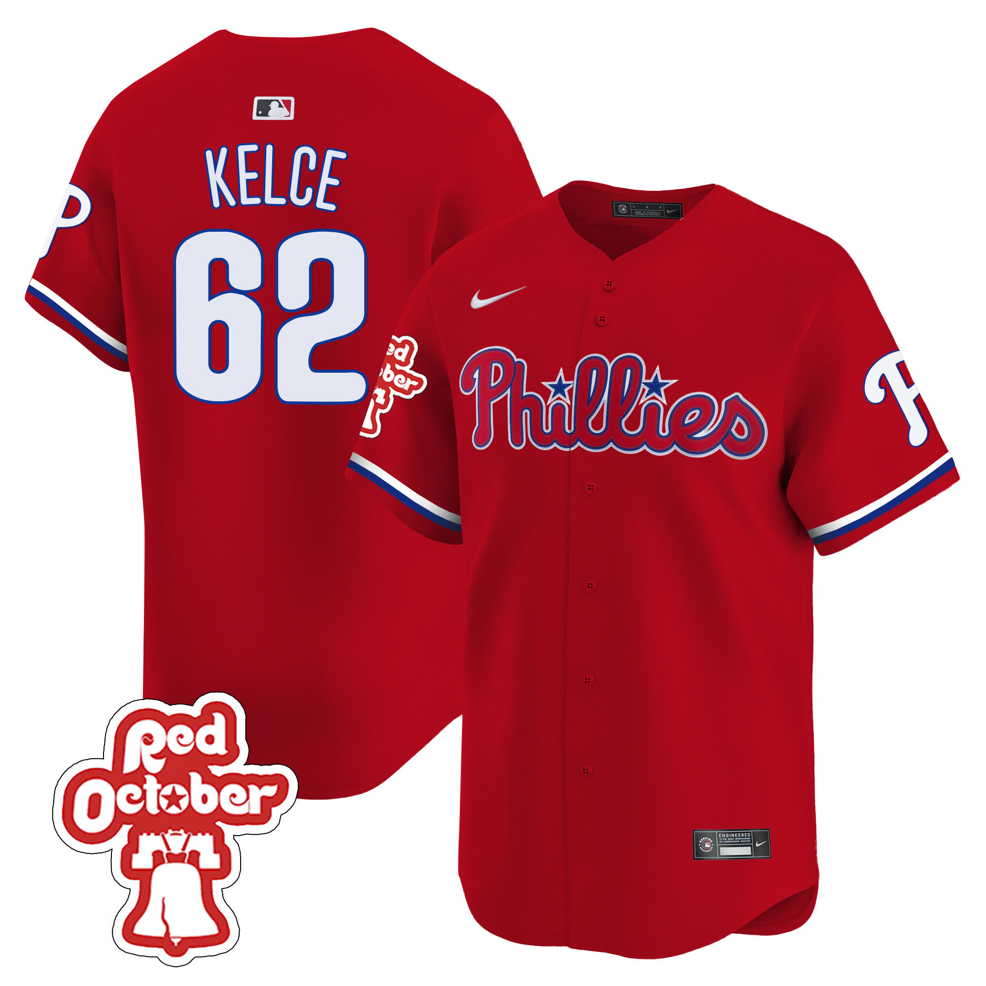Jason Kelce Men's Philadelphia Phillies Red Octorber Patch Vapor Premier Limited Jersey - All Stitched