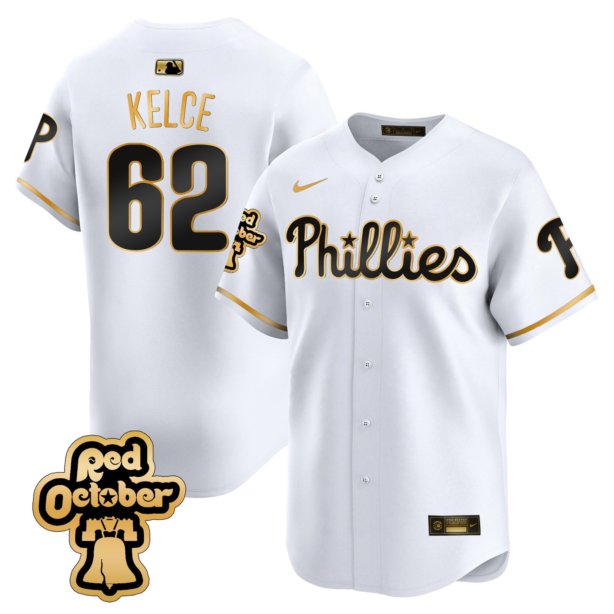 Jason Kelce Men's Philadelphia Phillies Red Octorber Patch Vapor Premier Limited White Gold Jersey - All Stitched