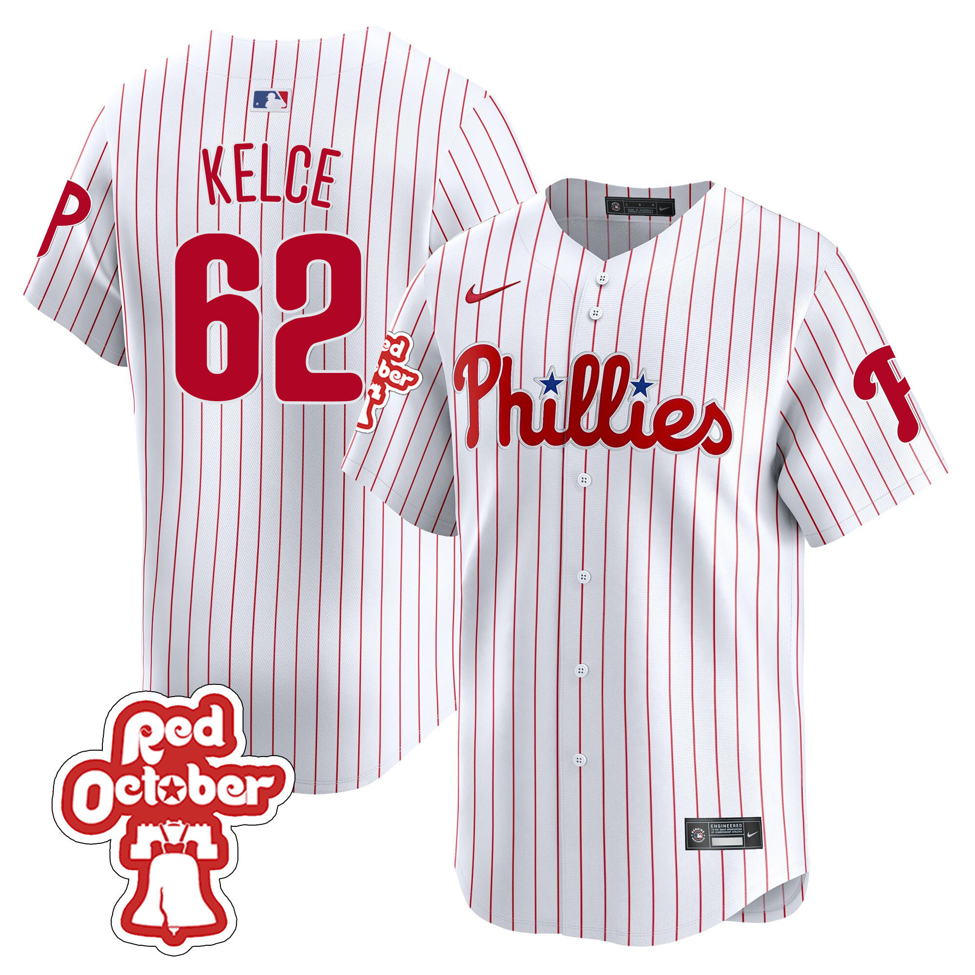 Jason Kelce Men's Philadelphia Phillies Red Octorber Patch Vapor Premier Limited White Jersey - All Stitched