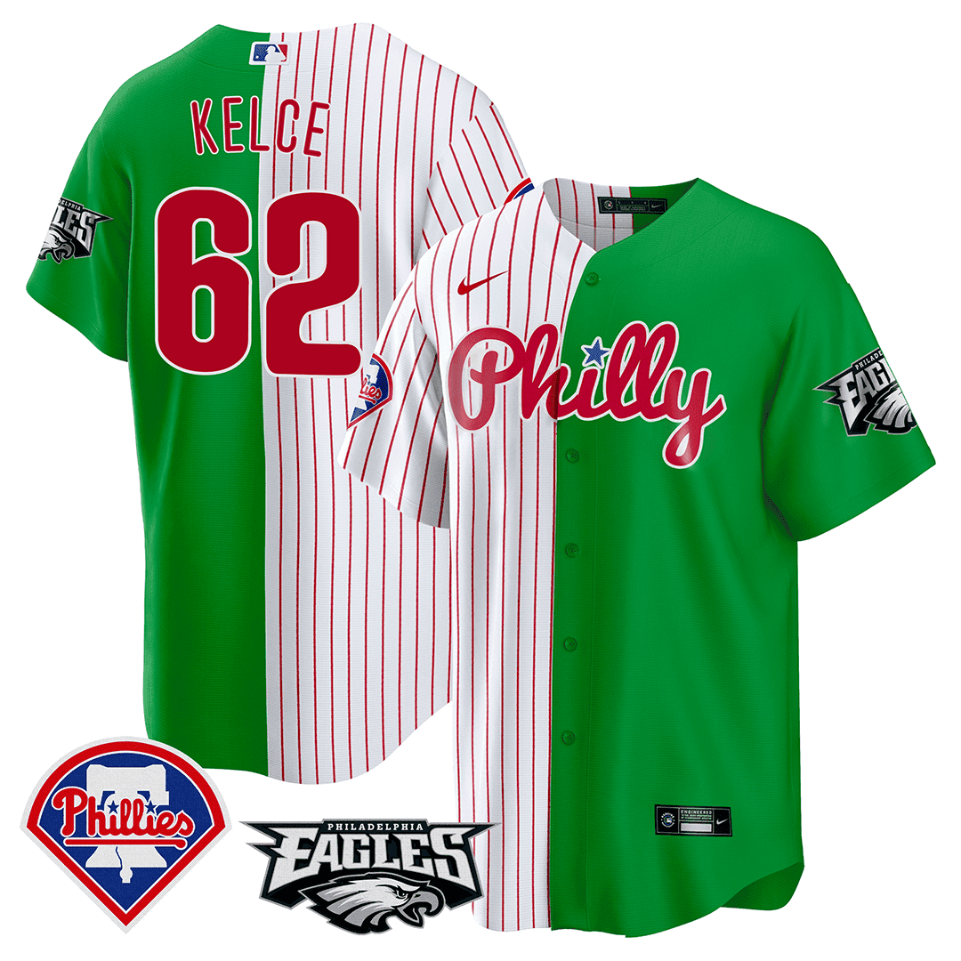 Jason Kelce Men's Split Philadelphia Phillies - Eagles Cool Base Stripes - Green Jersey - All Stitched