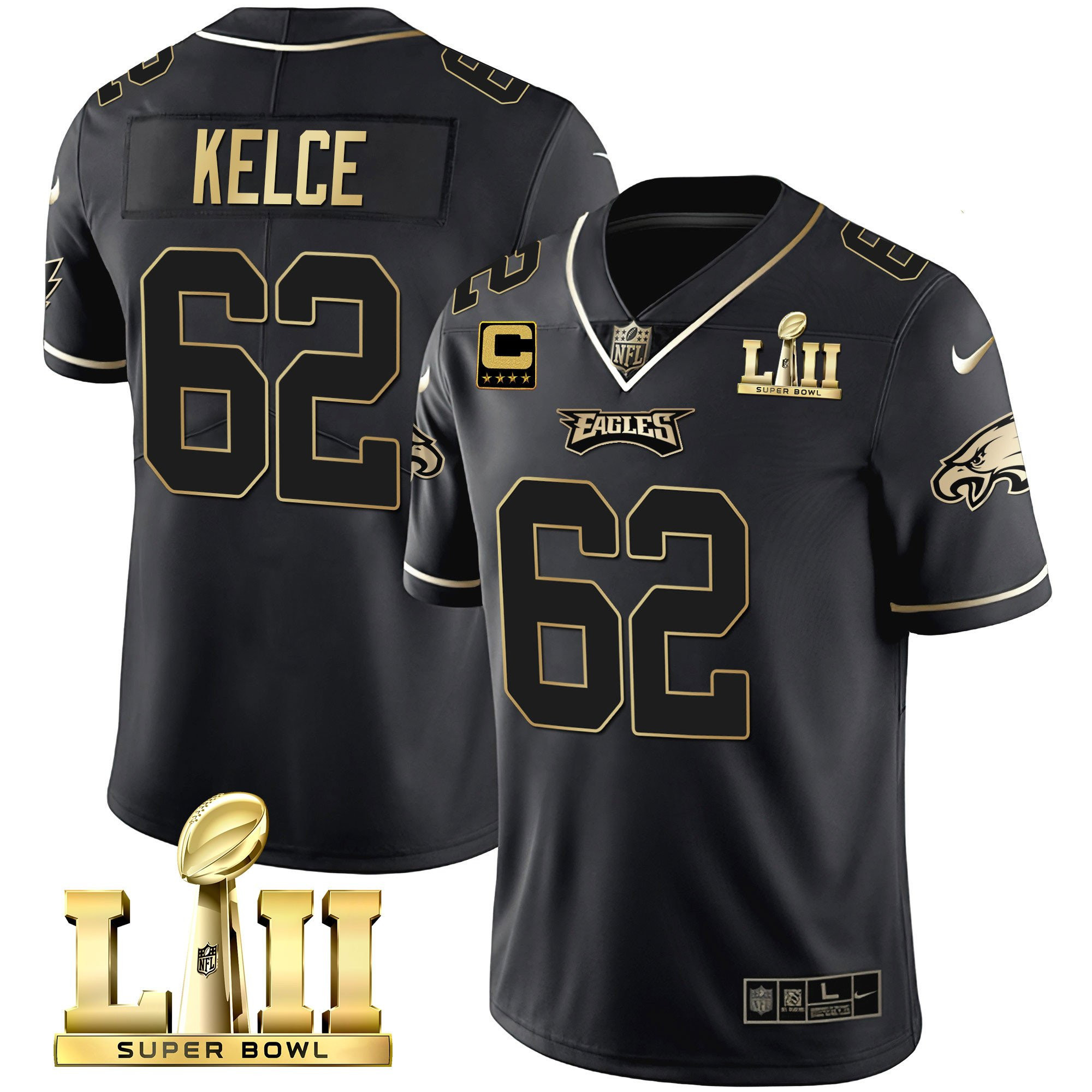 Jason Kelce Philadelphia Eagles Super Bowl LII Patch Vapor Black Gold Jersey - All Stitched