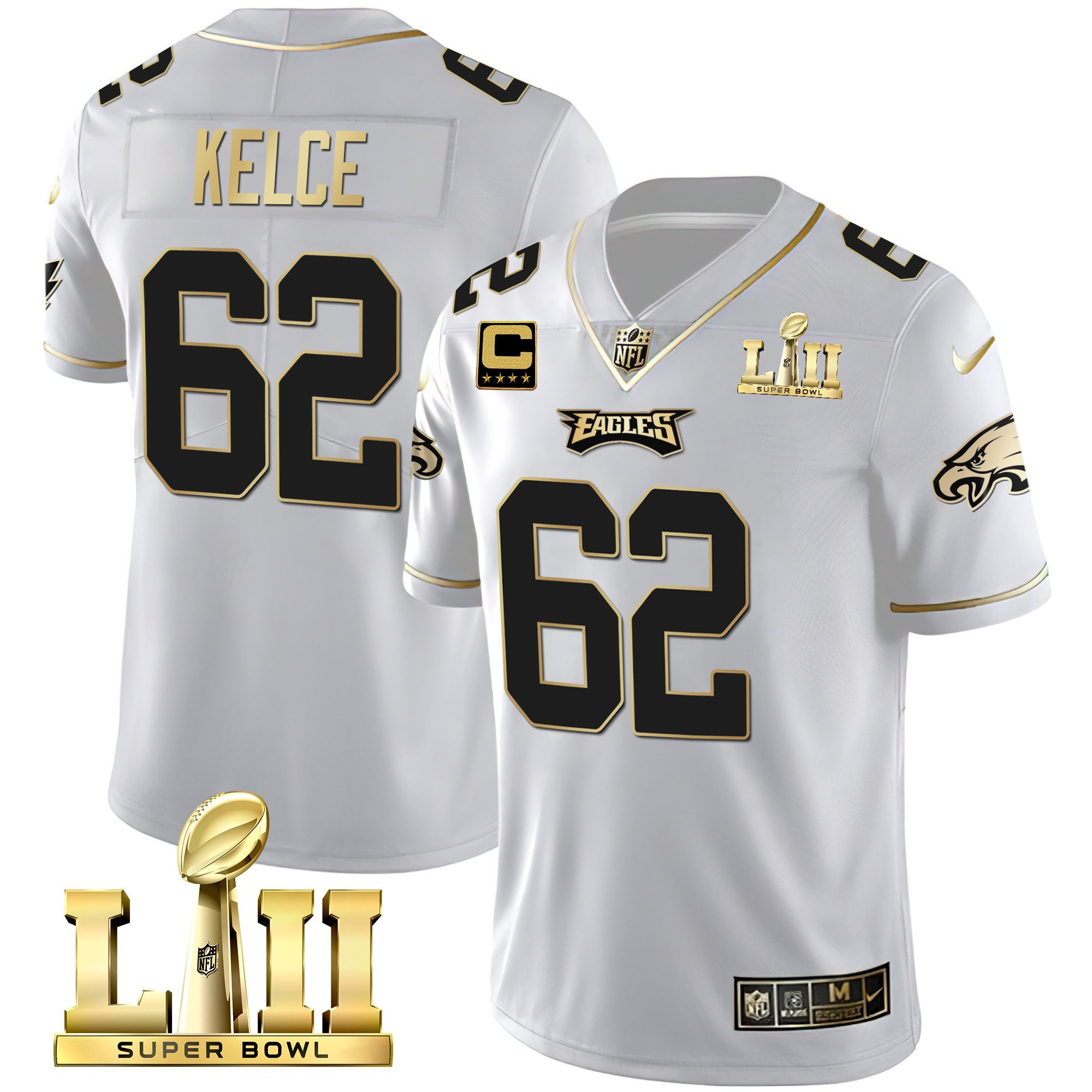 Jason Kelce Philadelphia Eagles Super Bowl LII Patch Vapor White Gold Jersey - All Stitched