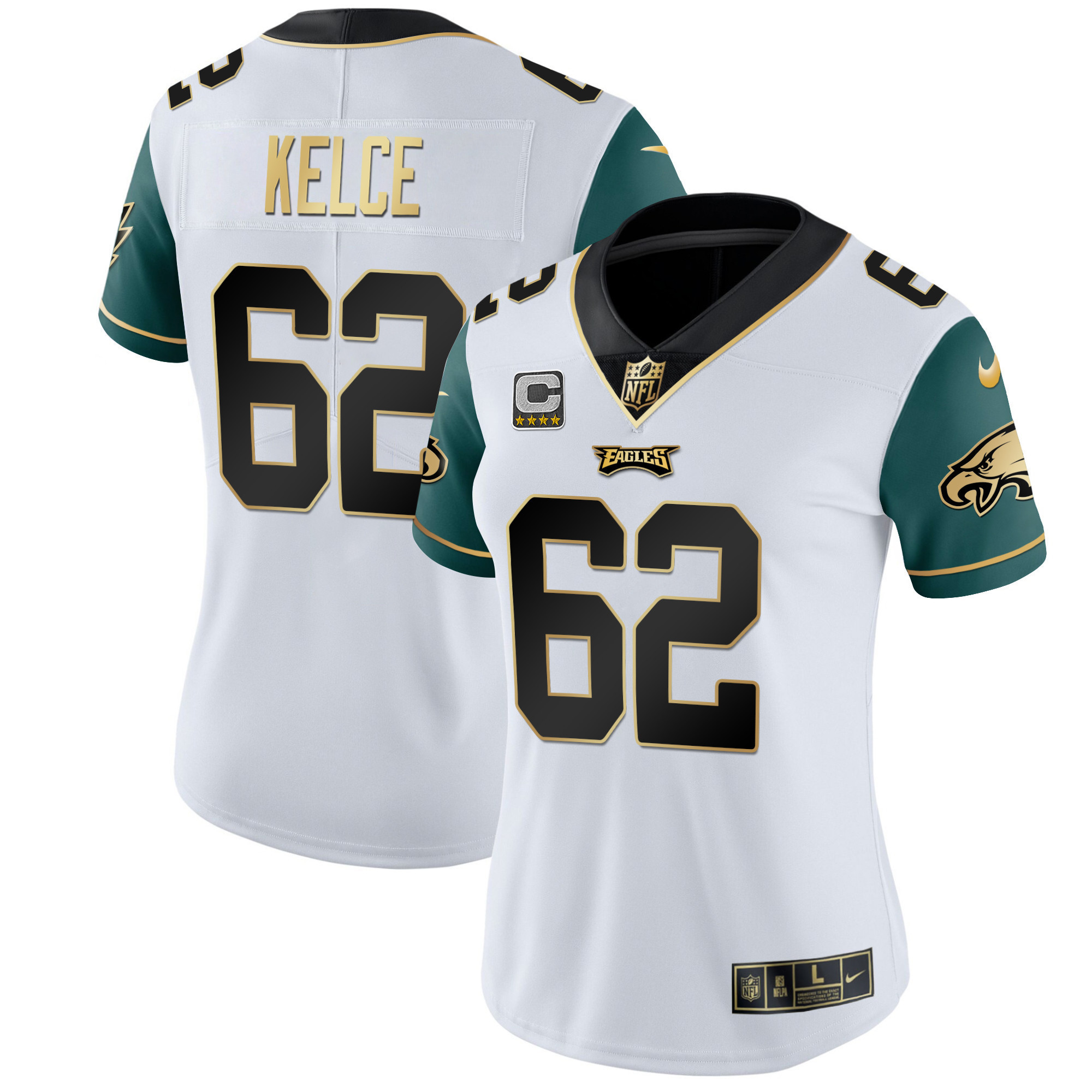 Jason Kelce Women's Philadelphia Eagles Gold & Split Vapor Green Sleeves Jersey - All Stitched