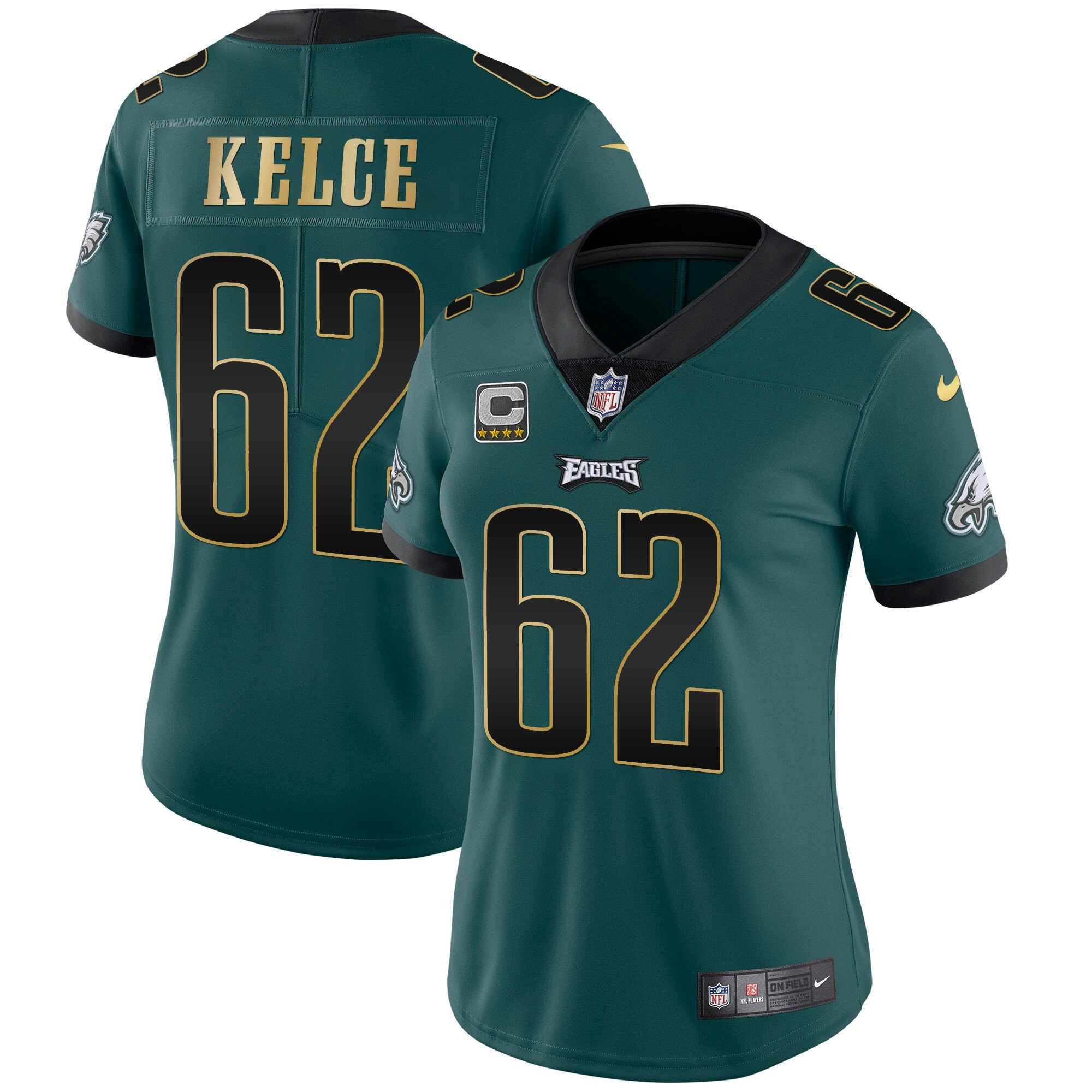 Jason Kelce Women's Philadelphia Eagles Gold Trim Vapor Player Green Gold Trim Jersey - All Stitched