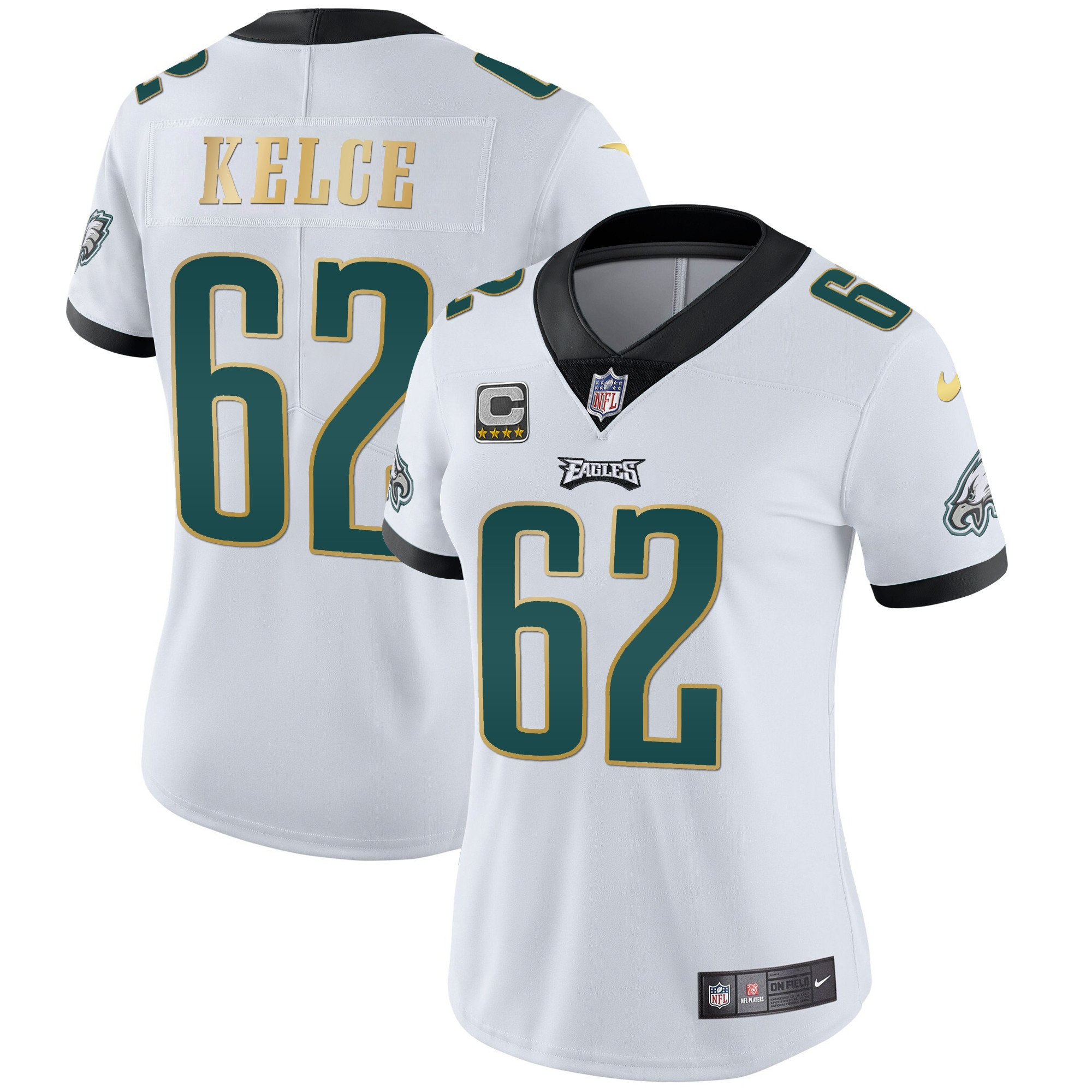 Jason Kelce Women's Philadelphia Eagles Gold Trim Vapor Player White Gold Trim Jersey - All Stitched