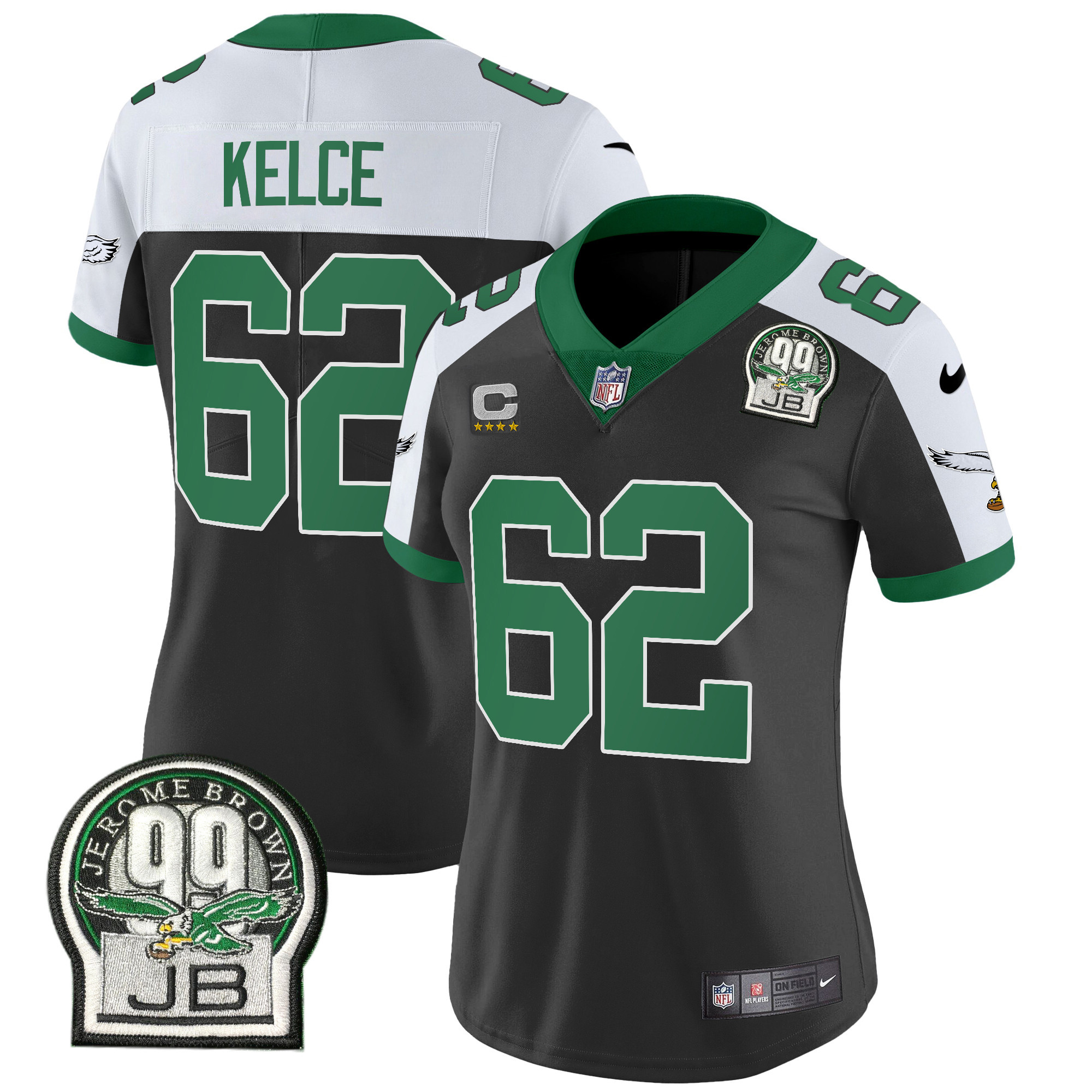 Jason Kelce Women's Philadelphia Eagles Jerome Brown Patch Kelly Green Alternate V2 Black Alternate Jersey - All Stitched