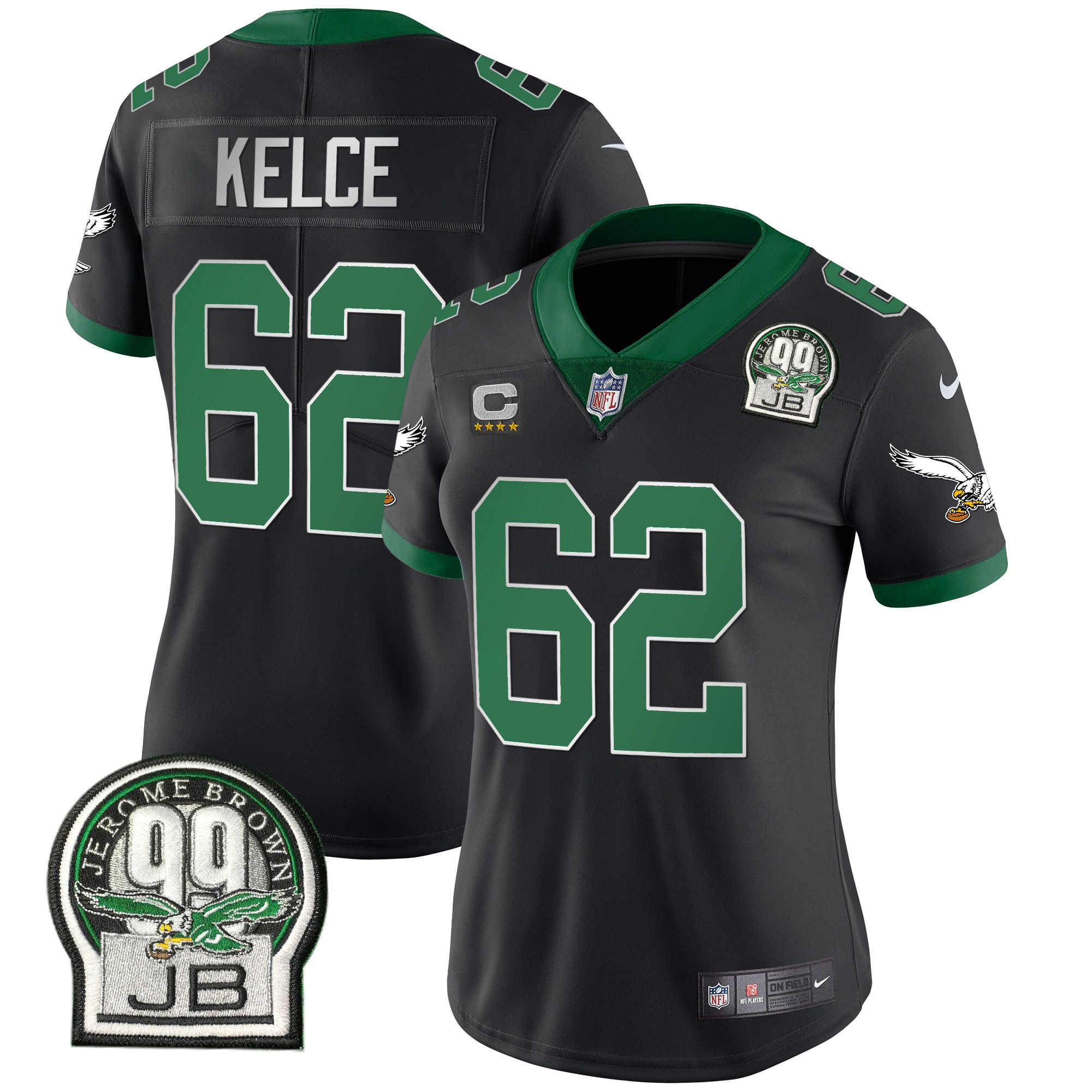 Jason Kelce Women's Philadelphia Eagles Jerome Brown Patch Kelly Green Alternate V2 Black Jersey - All Stitched